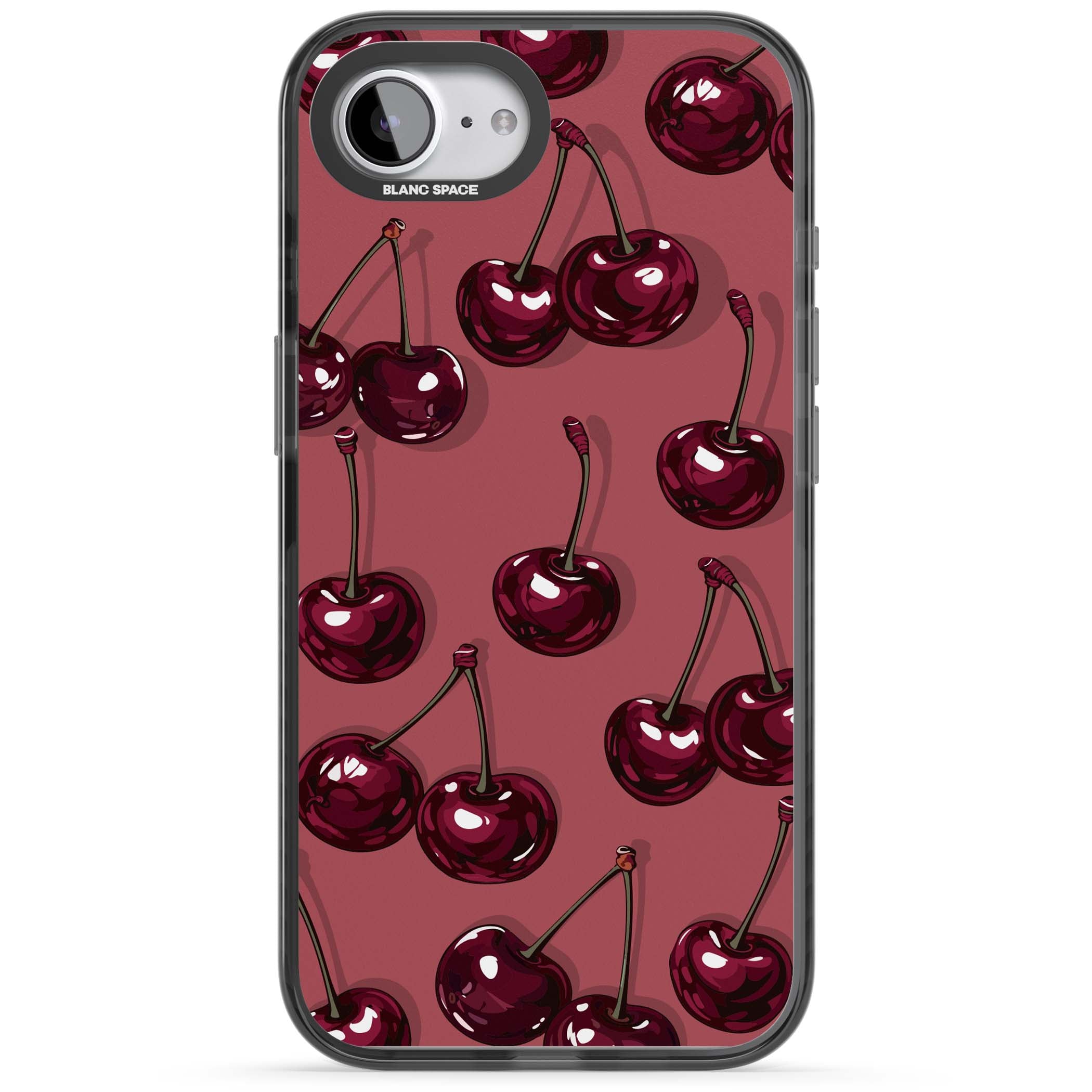 Cherry Rebel coquette iPhone case featuring glossy burgundy cherries on a dusty rose background | Black Impact Magsafe case for iPhone 16e, iPhone 17e