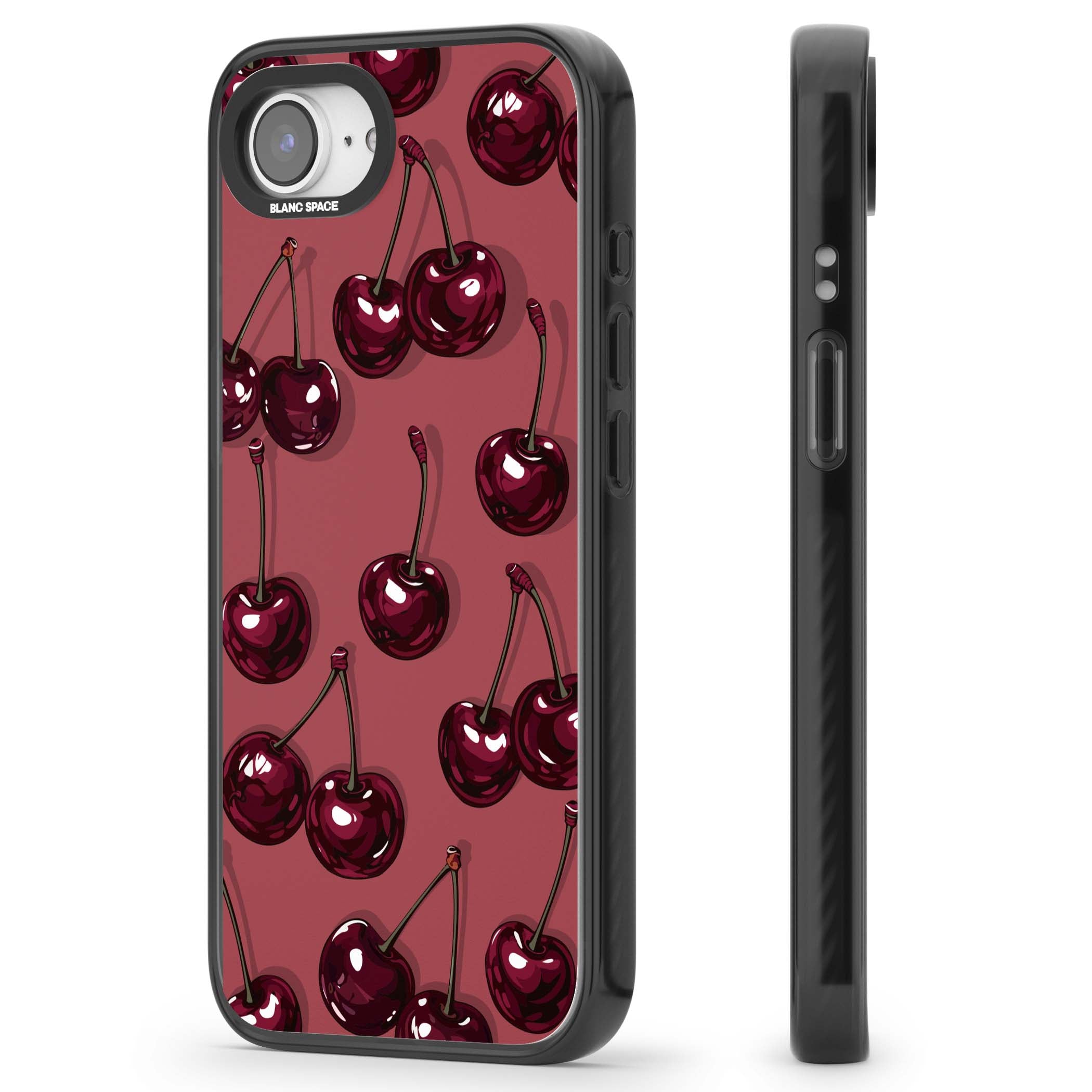 Cherry Rebel coquette iPhone case featuring glossy burgundy cherries on a dusty rose background | Black Impact Magsafe case for iPhone 16e, iPhone 17e