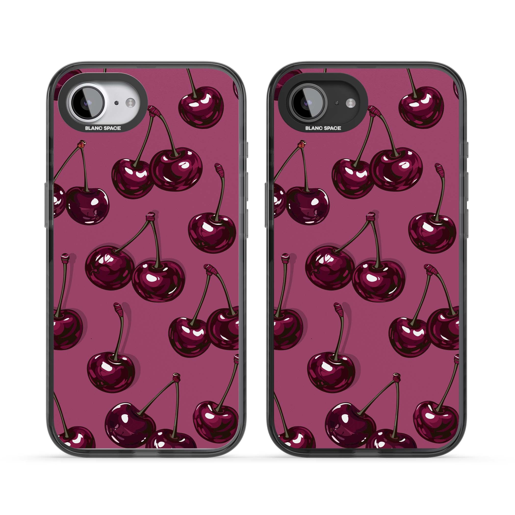 Cherry Soda coquette iPhone case featuring glossy burgundy cherries on a dusty pink background | Black Impact Magsafe case for iPhone 16e, iPhone 17e