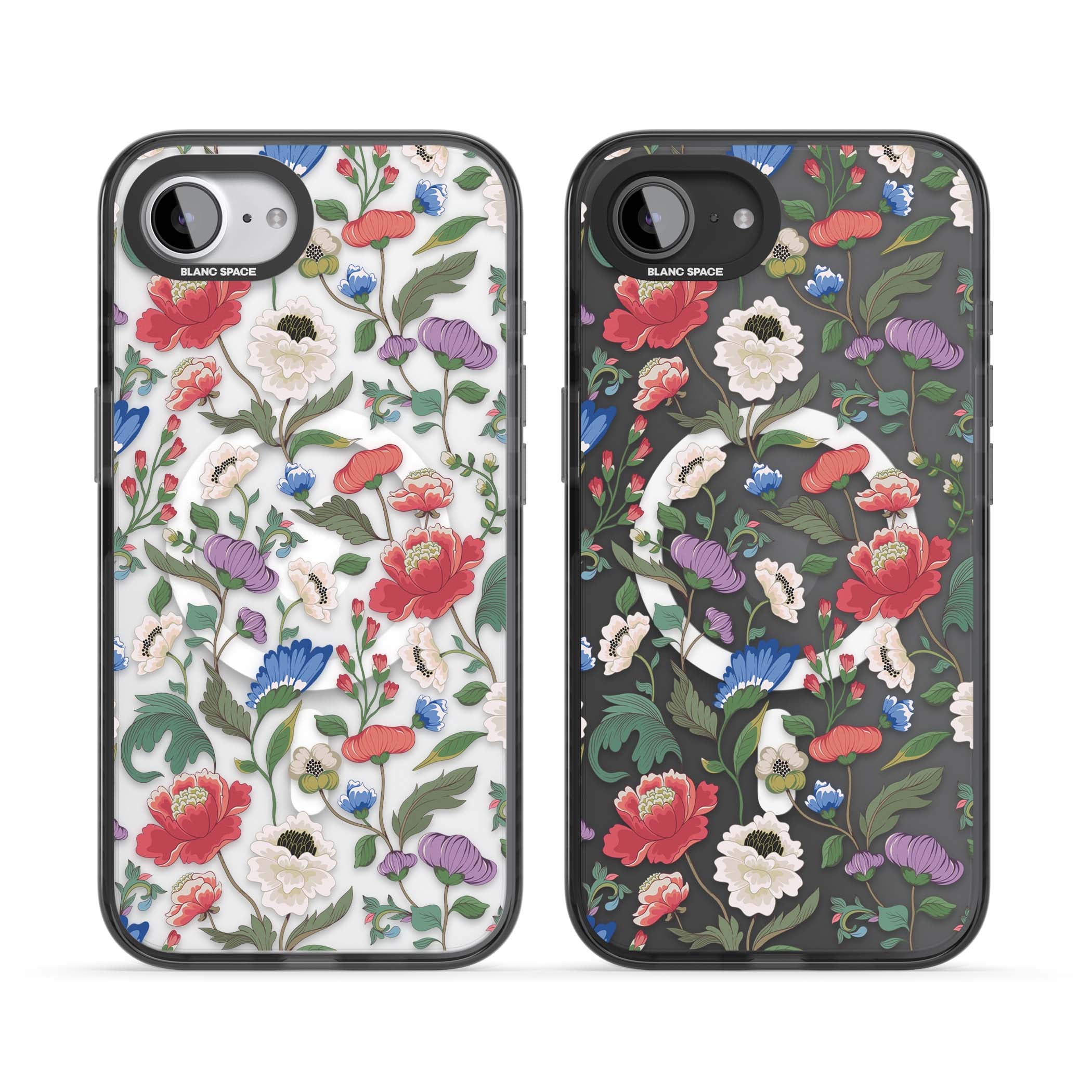 Chinoiserie Bloom vintage floral iPhone case featuring hand-painted peonies, poppies and trailing wildflowers on clear... | Black Impact Magsafe case for iPhone 16e, iPhone 17e
