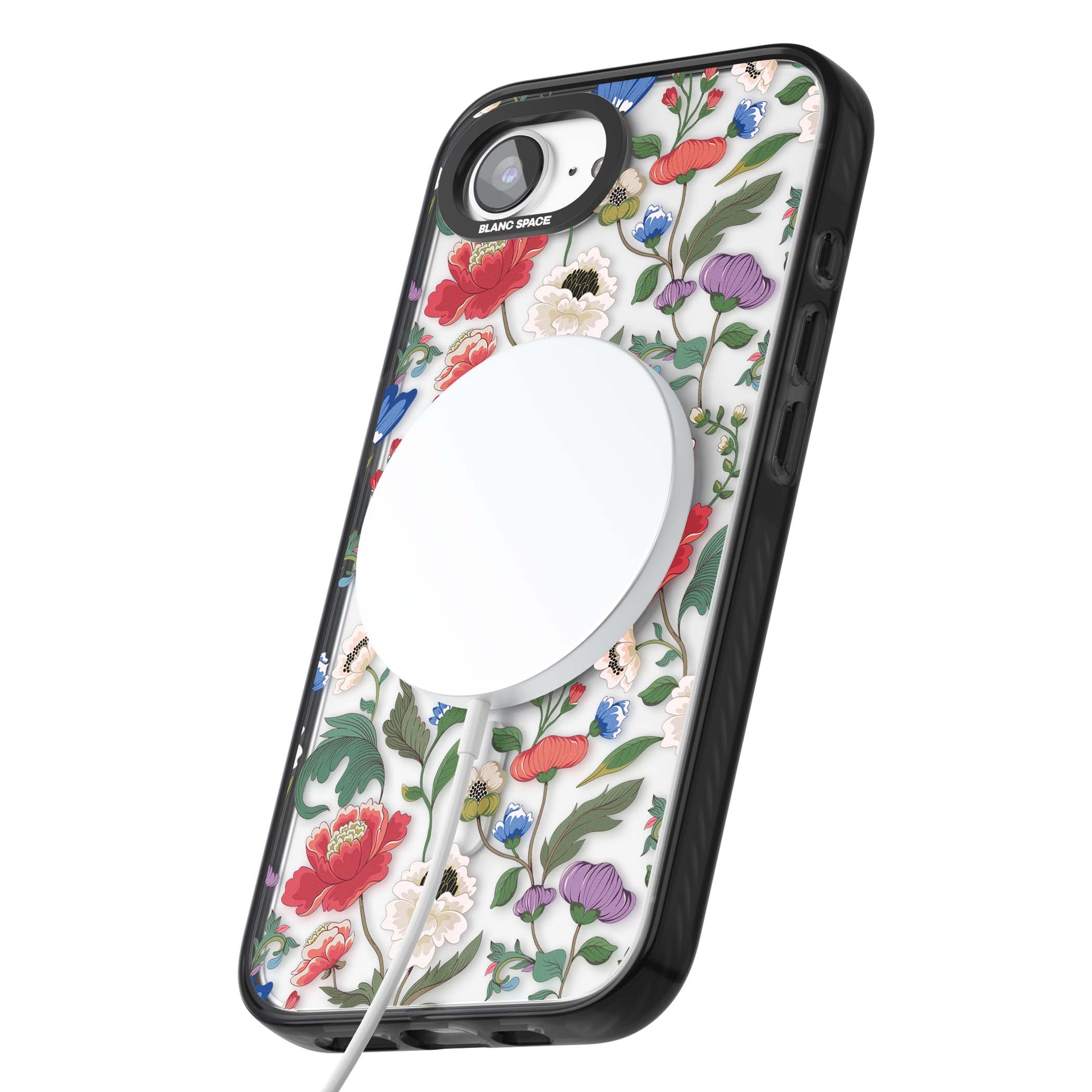 Chinoiserie Bloom vintage floral iPhone case featuring hand-painted peonies, poppies and trailing wildflowers on clear... | Black Impact Magsafe case for iPhone 16e, iPhone 17e