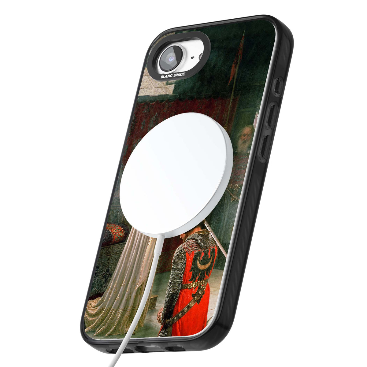 The Accolade renaissance art iPhone case featuring Edmund Blair Leighton's painting of a queen knighting a kneeling knight | Black Impact Magsafe case for iPhone 16e, iPhone 17e