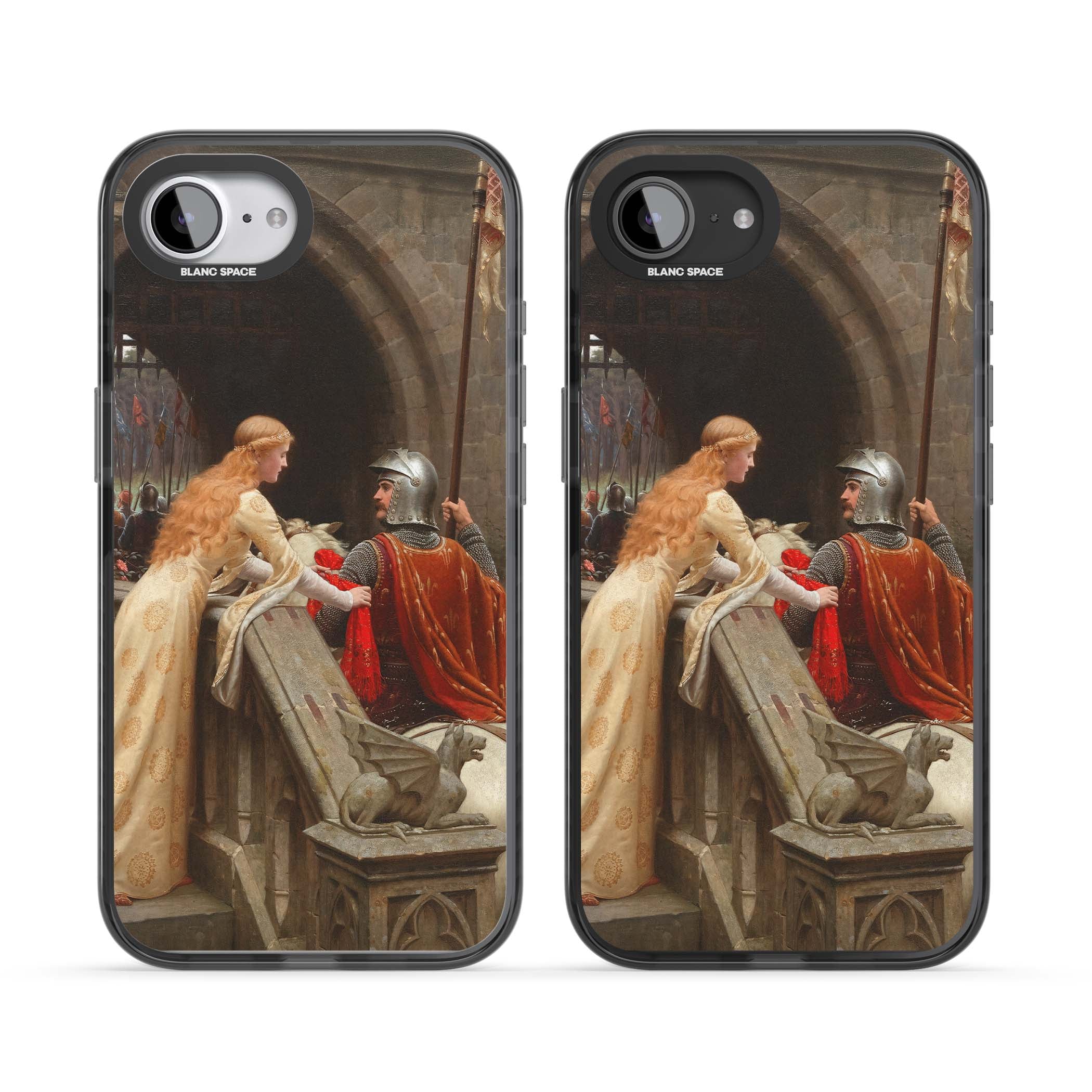 God Speed fine art iPhone case featuring Edmund Blair Leighton's medieval knight and lady beneath a stone archway | Black Impact Magsafe case for iPhone 16e, iPhone 17e