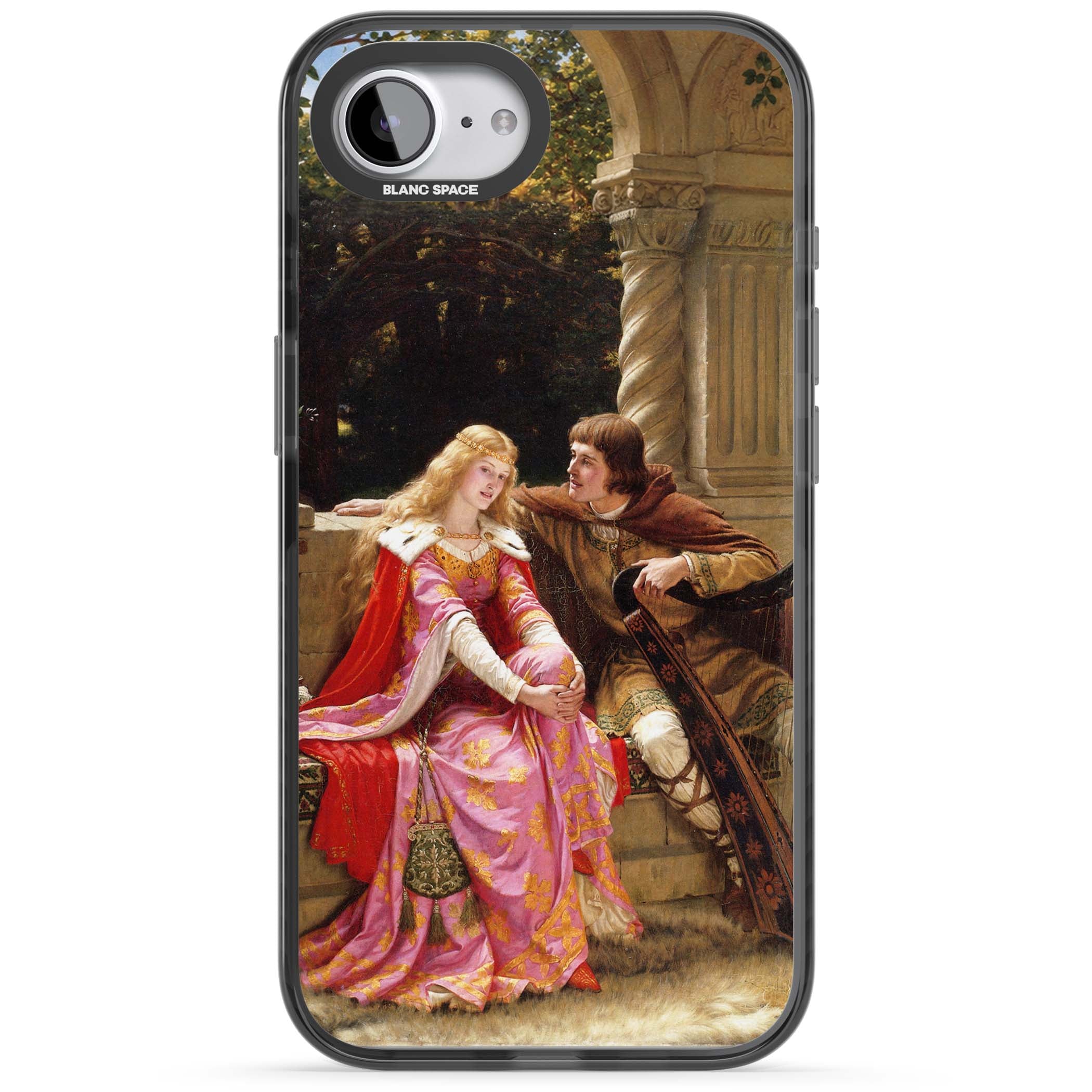 The End of the Song classic art iPhone case featuring a medieval lady in pink gown and her knight in a stone archway | Black Impact Magsafe case for iPhone 16e, iPhone 17e