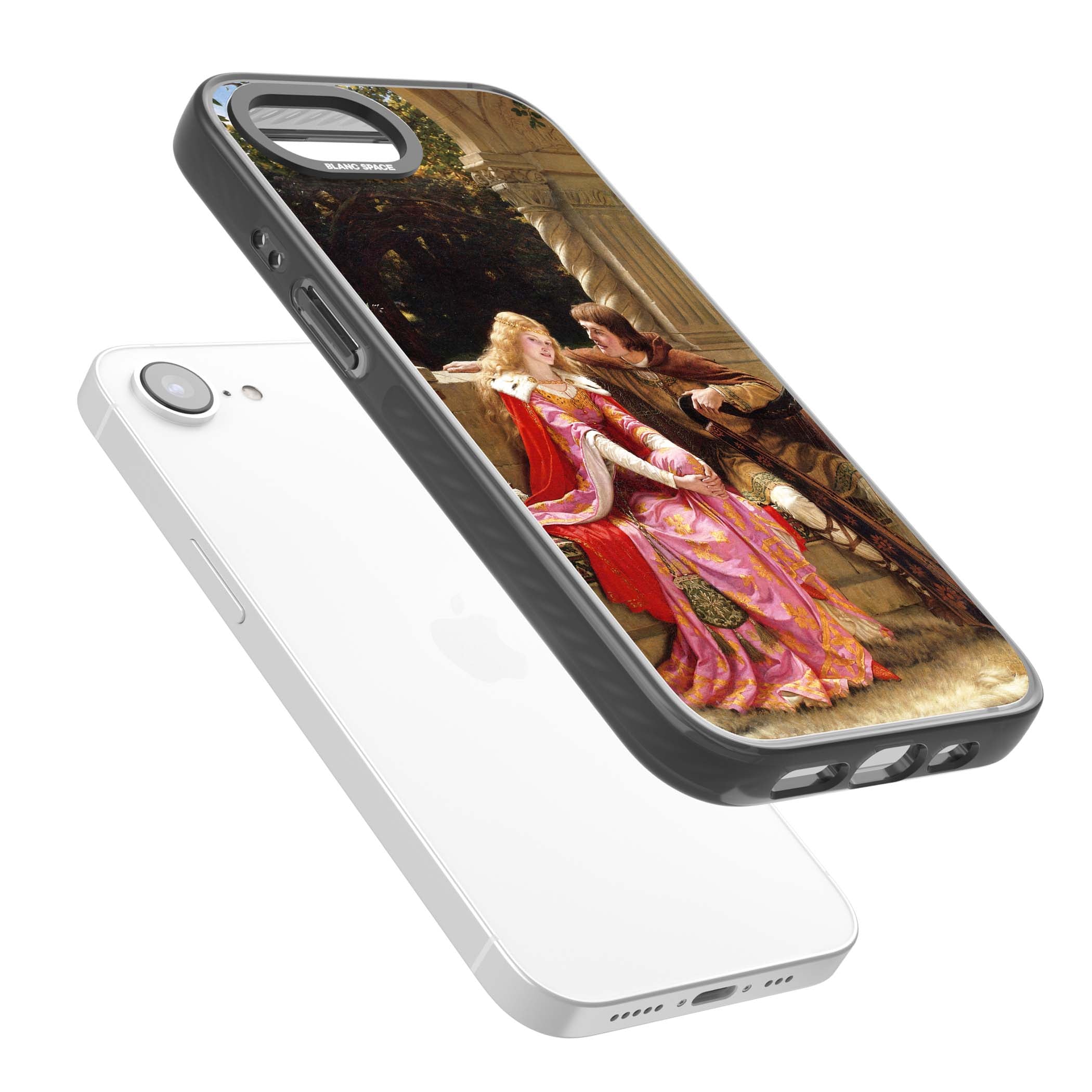 The End of the Song classic art iPhone case featuring a medieval lady in pink gown and her knight in a stone archway | Black Impact Magsafe case for iPhone 16e, iPhone 17e
