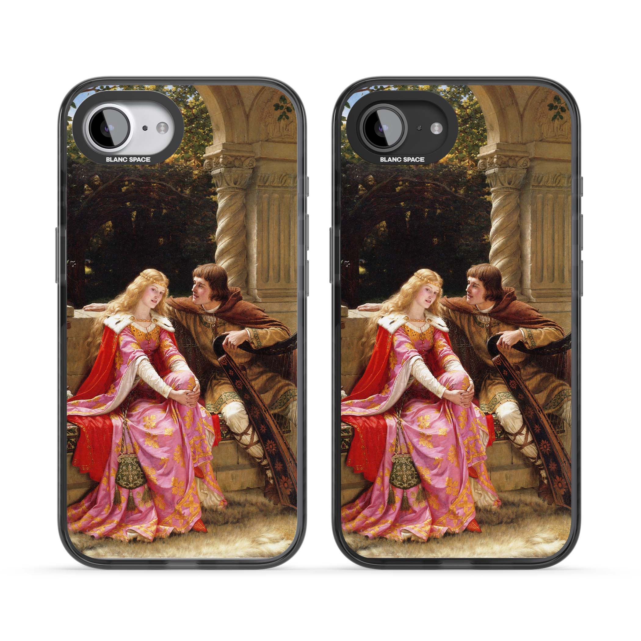 The End of the Song classic art iPhone case featuring a medieval lady in pink gown and her knight in a stone archway | Black Impact Magsafe case for iPhone 16e, iPhone 17e