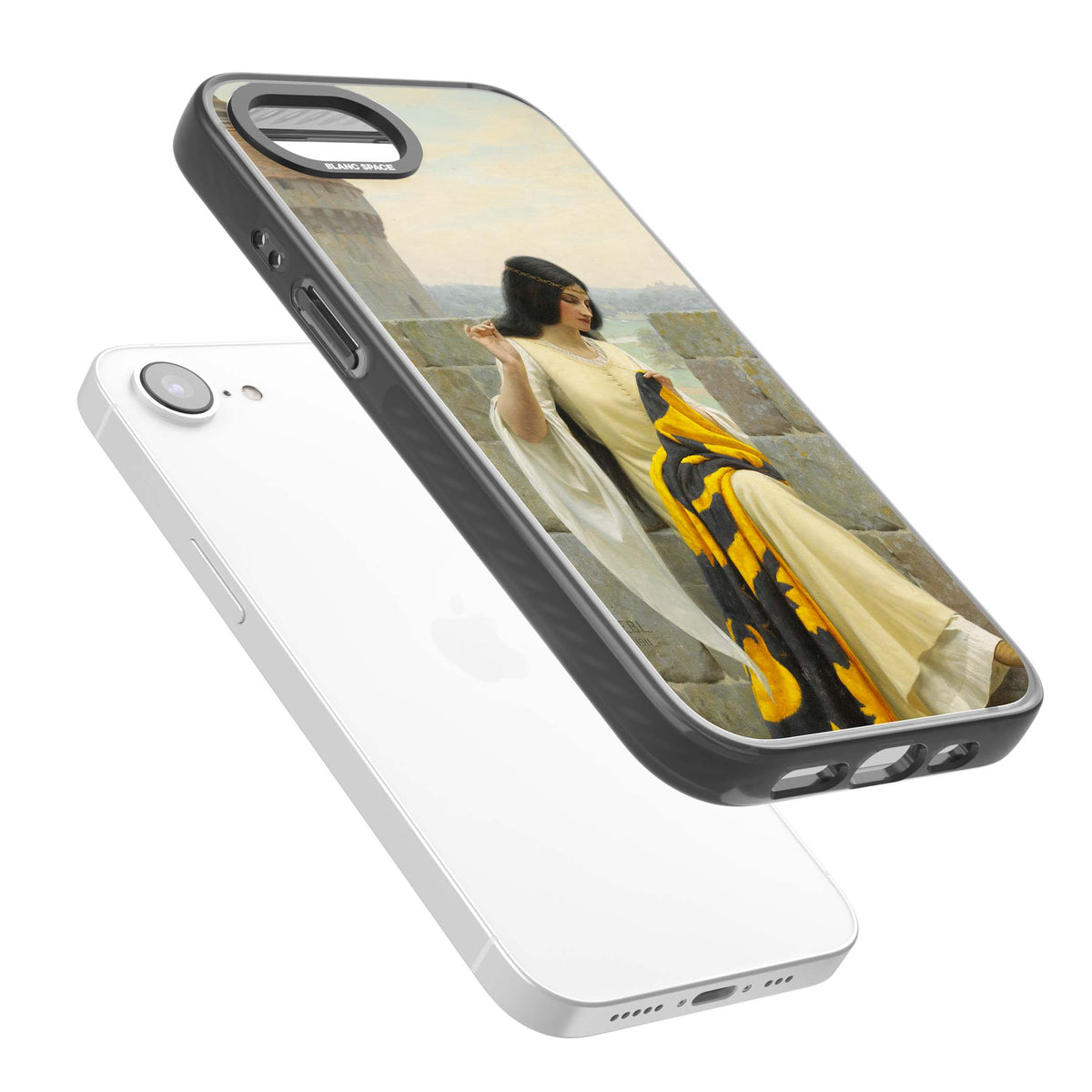 Stitching the Standard renaissance art iPhone case featuring a medieval lady sewing a golden banner on a castle wall | Black Impact Magsafe case for iPhone 16e, iPhone 17e