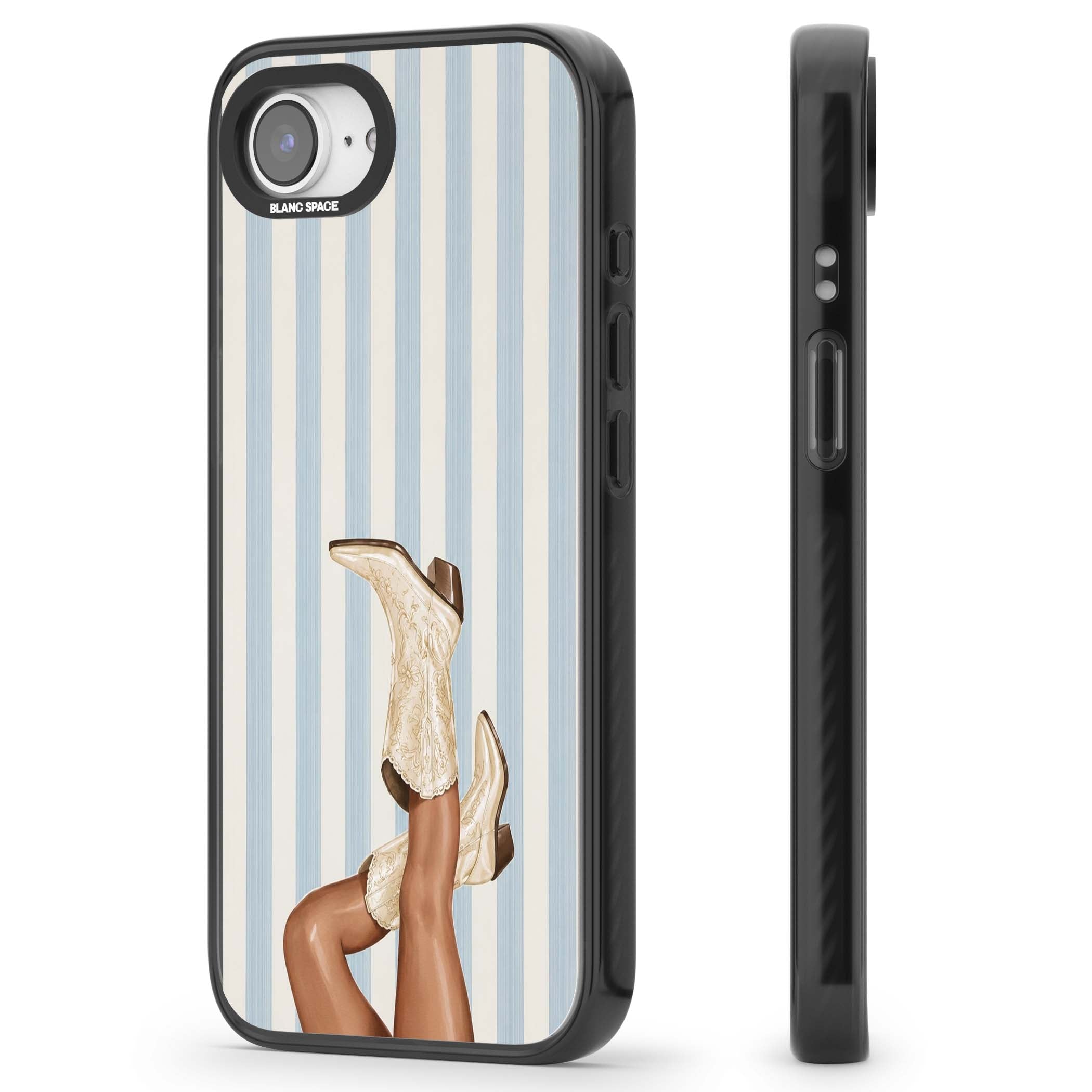 Cowgirl Boots coastal cowgirl iPhone case featuring embroidered western boots, tanned legs and a blue stripe backdrop | Black Impact Magsafe case for iPhone 16e, iPhone 17e