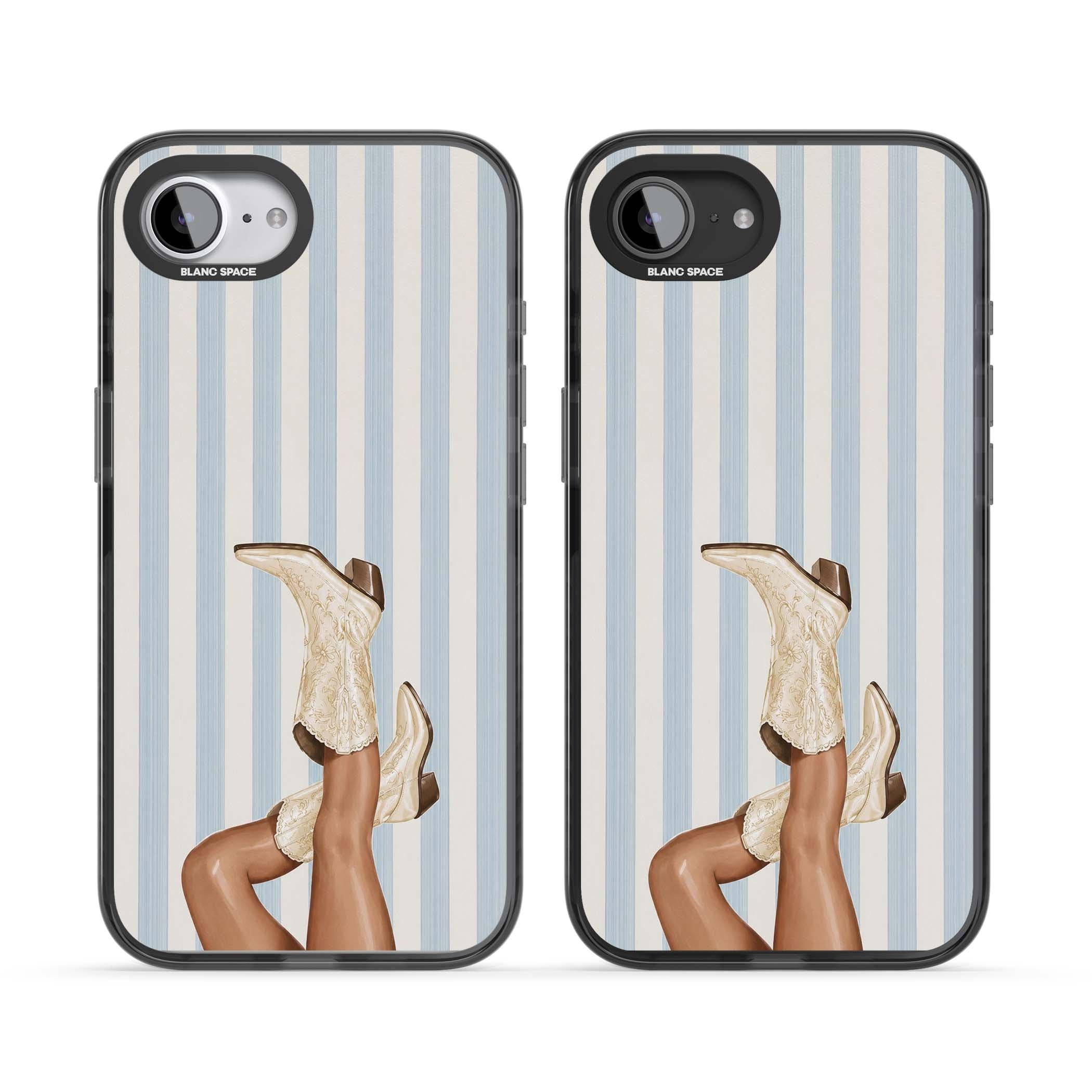 Cowgirl Boots coastal cowgirl iPhone case featuring embroidered western boots, tanned legs and a blue stripe backdrop | Black Impact Magsafe case for iPhone 16e, iPhone 17e