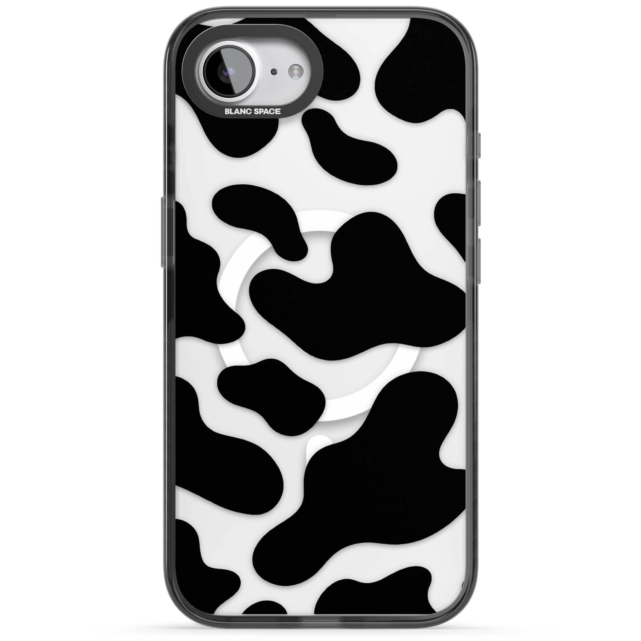 Clear Cow Print cow print iPhone case featuring black and white cow pattern splotches on a clear background | Black Impact Magsafe case for iPhone 16e, iPhone 17e
