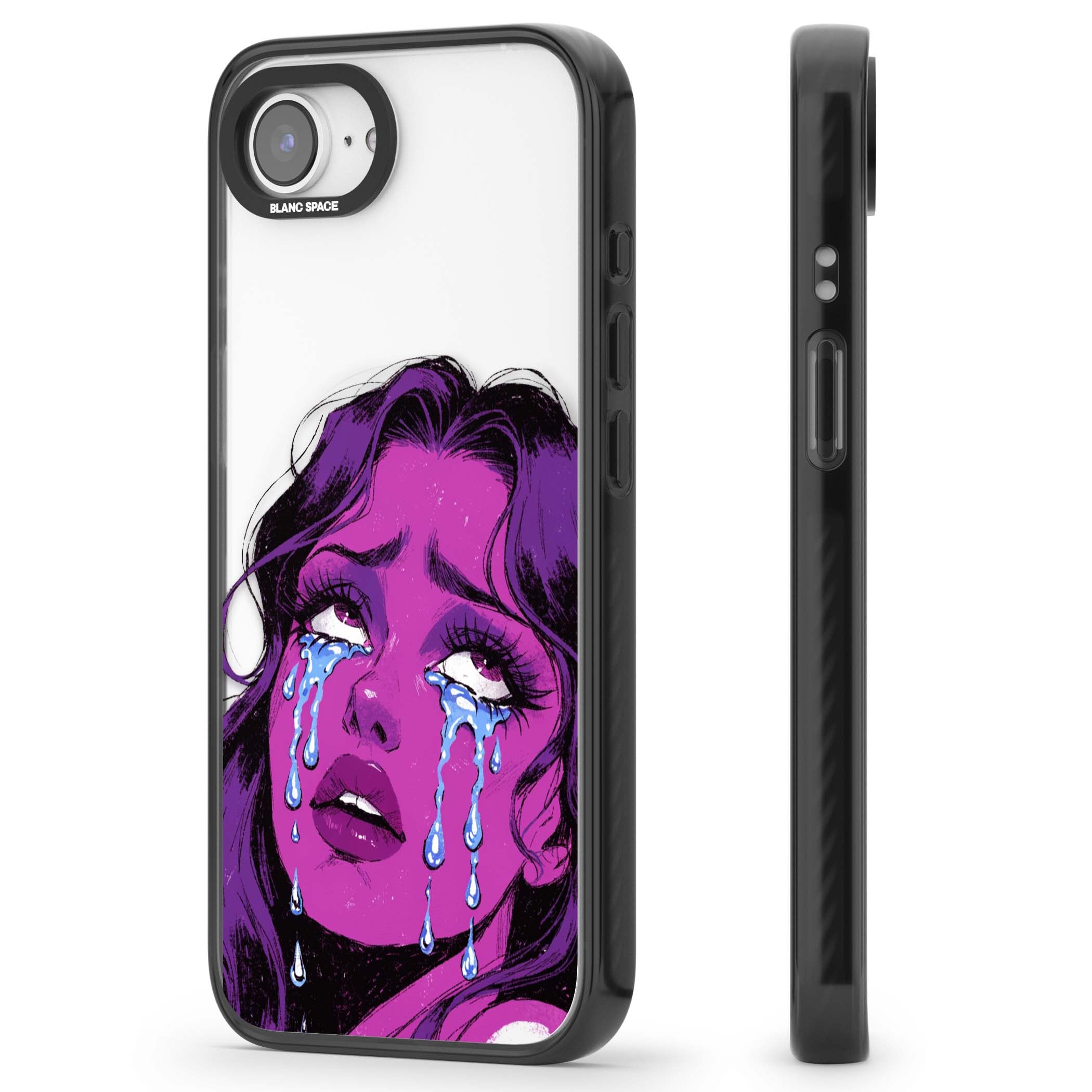 Drama Queen pop art iPhone case featuring a purple crying comic girl with blue tears | Black Impact Magsafe case for iPhone 16e, iPhone 17e