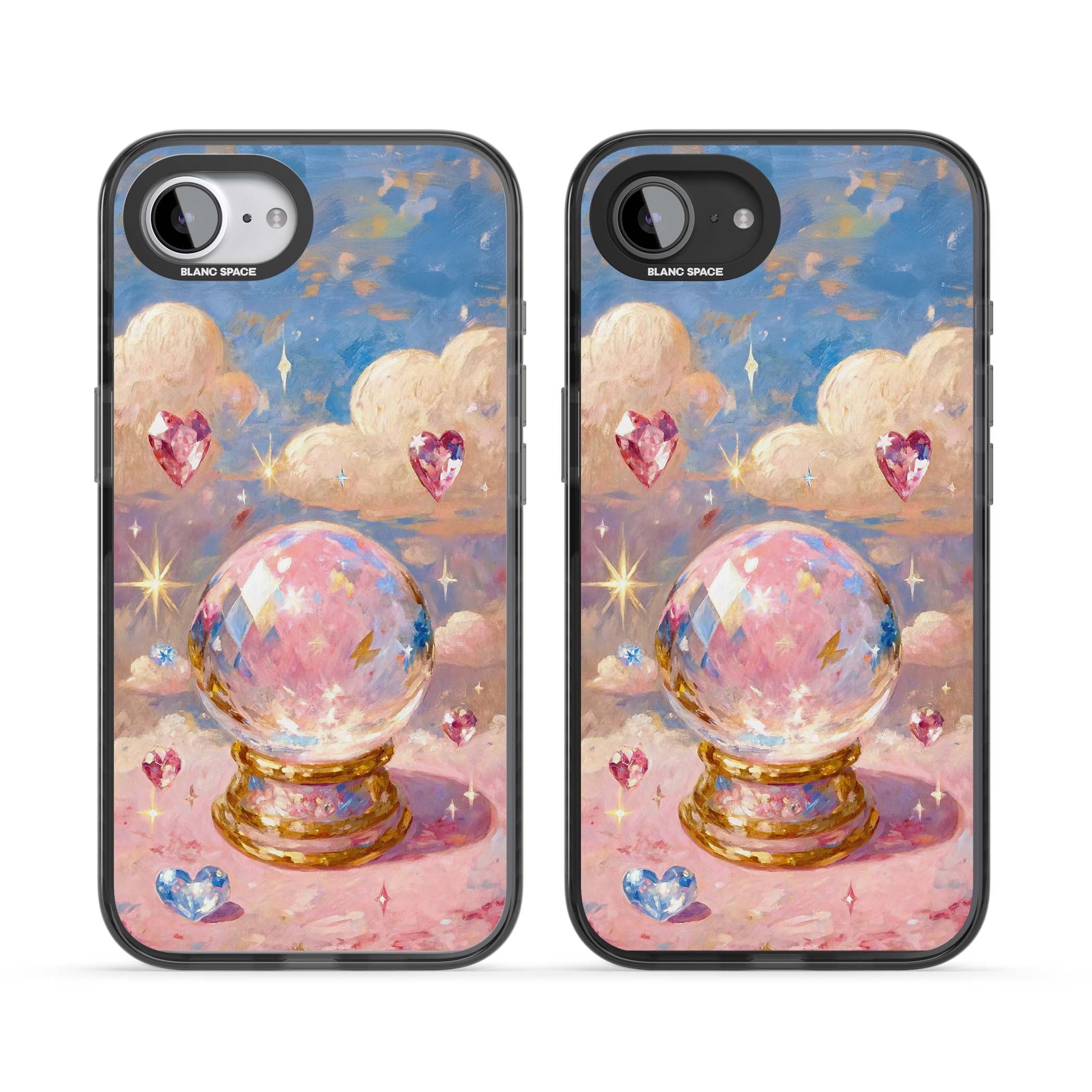 Crystal Ball fairycore iPhone case featuring a painted crystal ball, heart gemstones, and pastel clouds | Black Impact Magsafe case for iPhone 16e, iPhone 17e