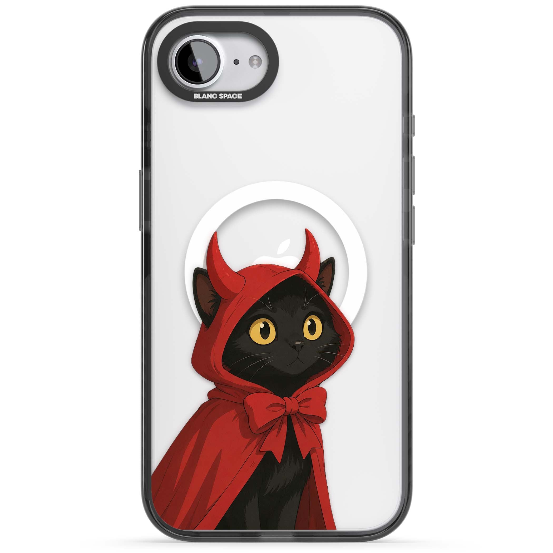 Little Devil halloween iPhone case featuring a black cat in a red hooded devil cloak with horns and golden eyes | Black Impact Magsafe case for iPhone 16e, iPhone 17e