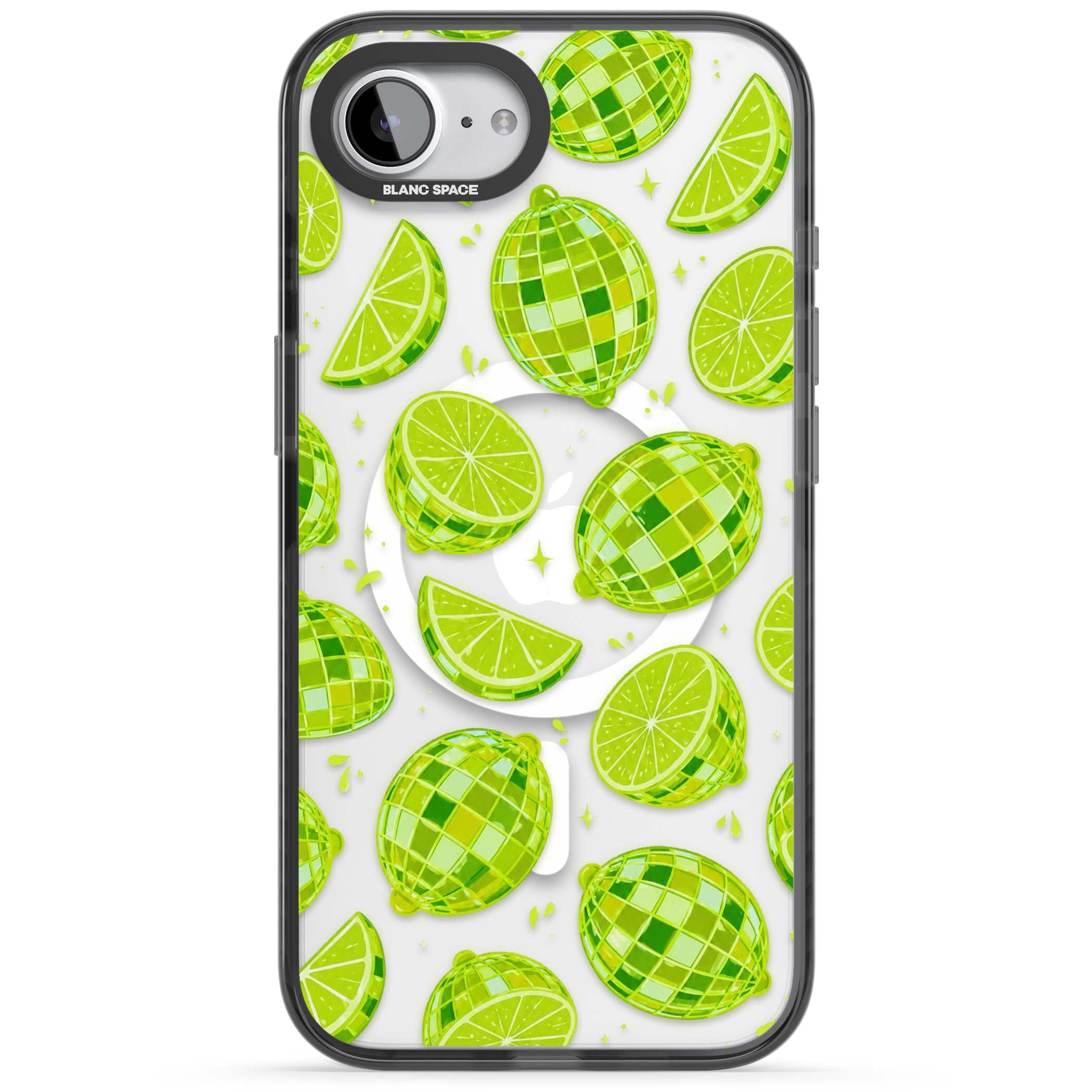 Disco Limes fruit aesthetic iPhone case featuring green disco balls, lime slices and citrus sparkles | Black Impact Magsafe case for iPhone 16e, iPhone 17e