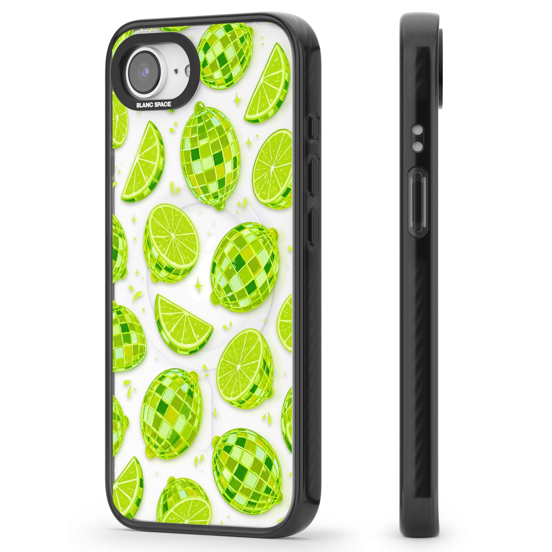 Disco Limes fruit aesthetic iPhone case featuring green disco balls, lime slices and citrus sparkles | Black Impact Magsafe case for iPhone 16e, iPhone 17e