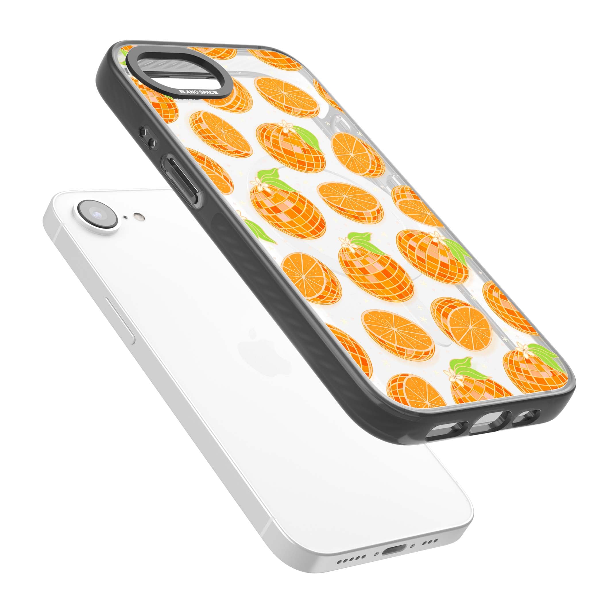 Disco Oranges retro iPhone case featuring mirrorball oranges, citrus slices and tiny blossoms on clear | Black Impact Magsafe case for iPhone 16e, iPhone 17e
