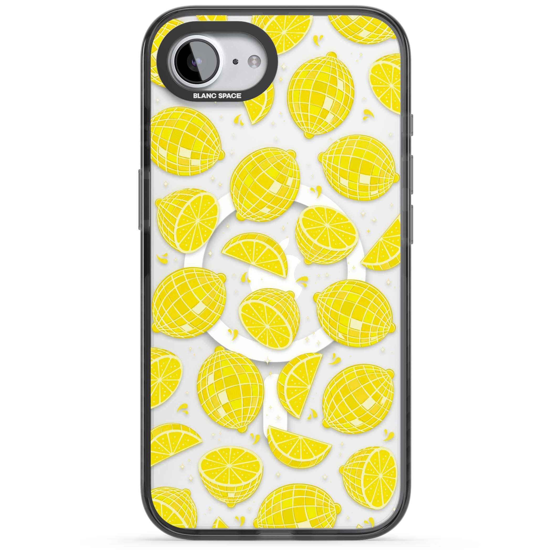 Disco Lemons citrus iPhone case featuring mirrorball lemons, sliced fruit and sparkle accents | Black Impact Magsafe case for iPhone 16e, iPhone 17e