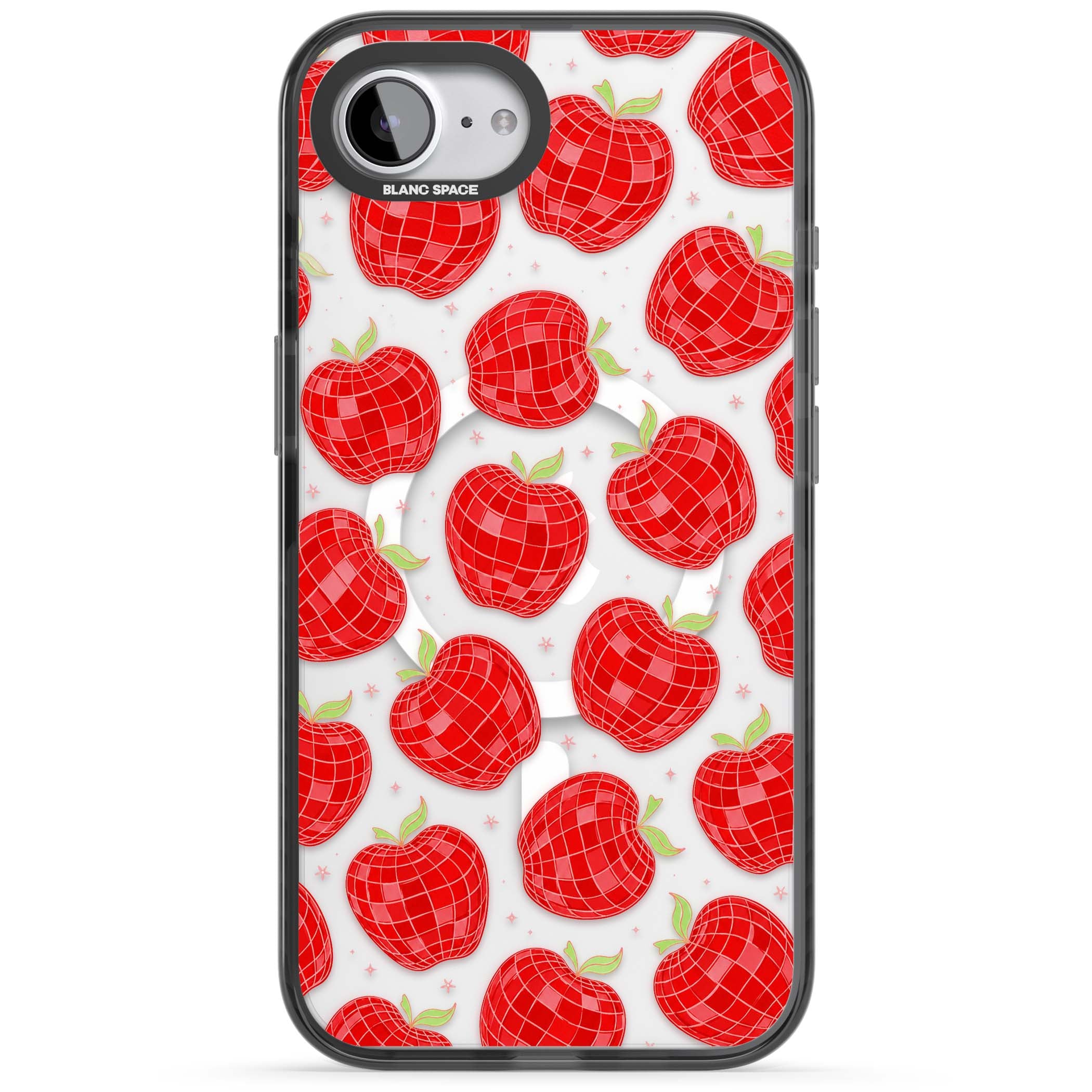 Disco Apples Y2K iPhone case featuring red disco ball apples, green leaves and pink sparkles on clear | Black Impact Magsafe case for iPhone 16e, iPhone 17e