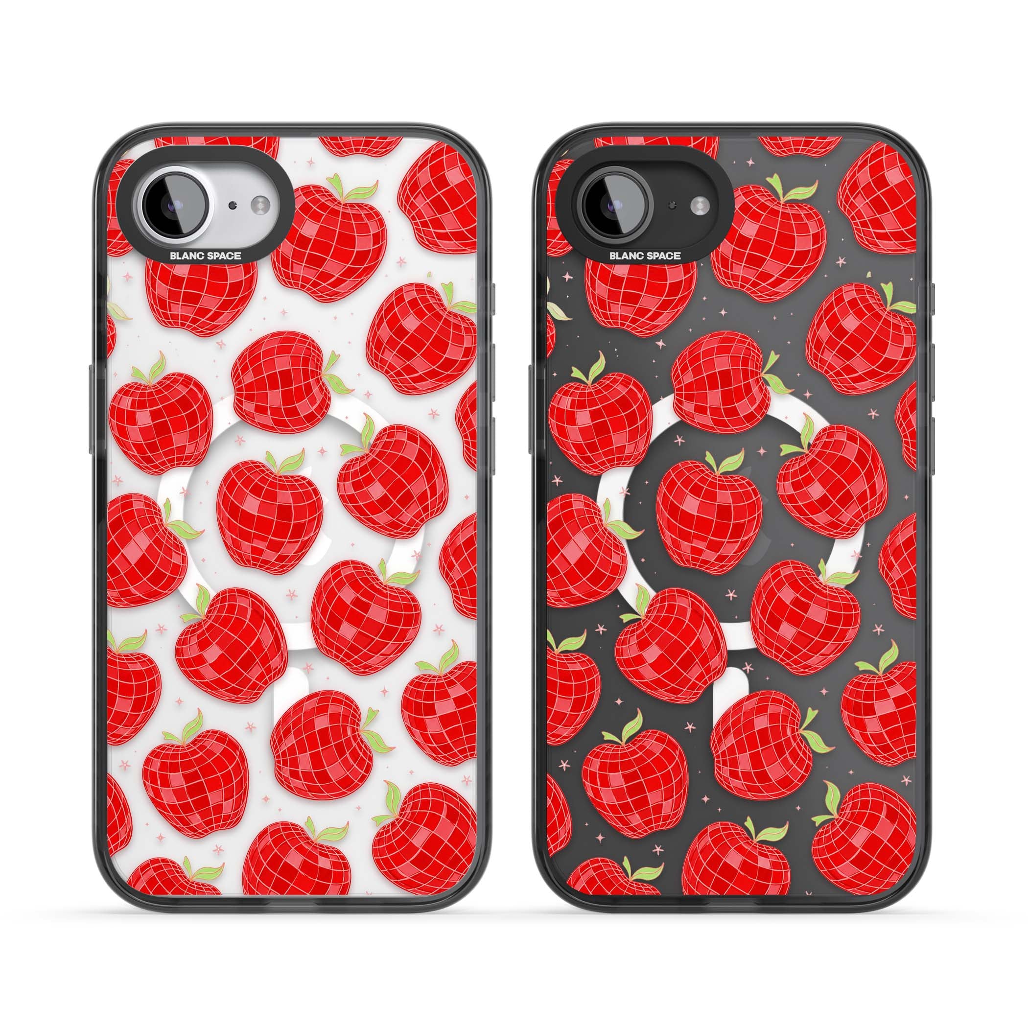 Disco Apples Y2K iPhone case featuring red disco ball apples, green leaves and pink sparkles on clear | Black Impact Magsafe case for iPhone 16e, iPhone 17e