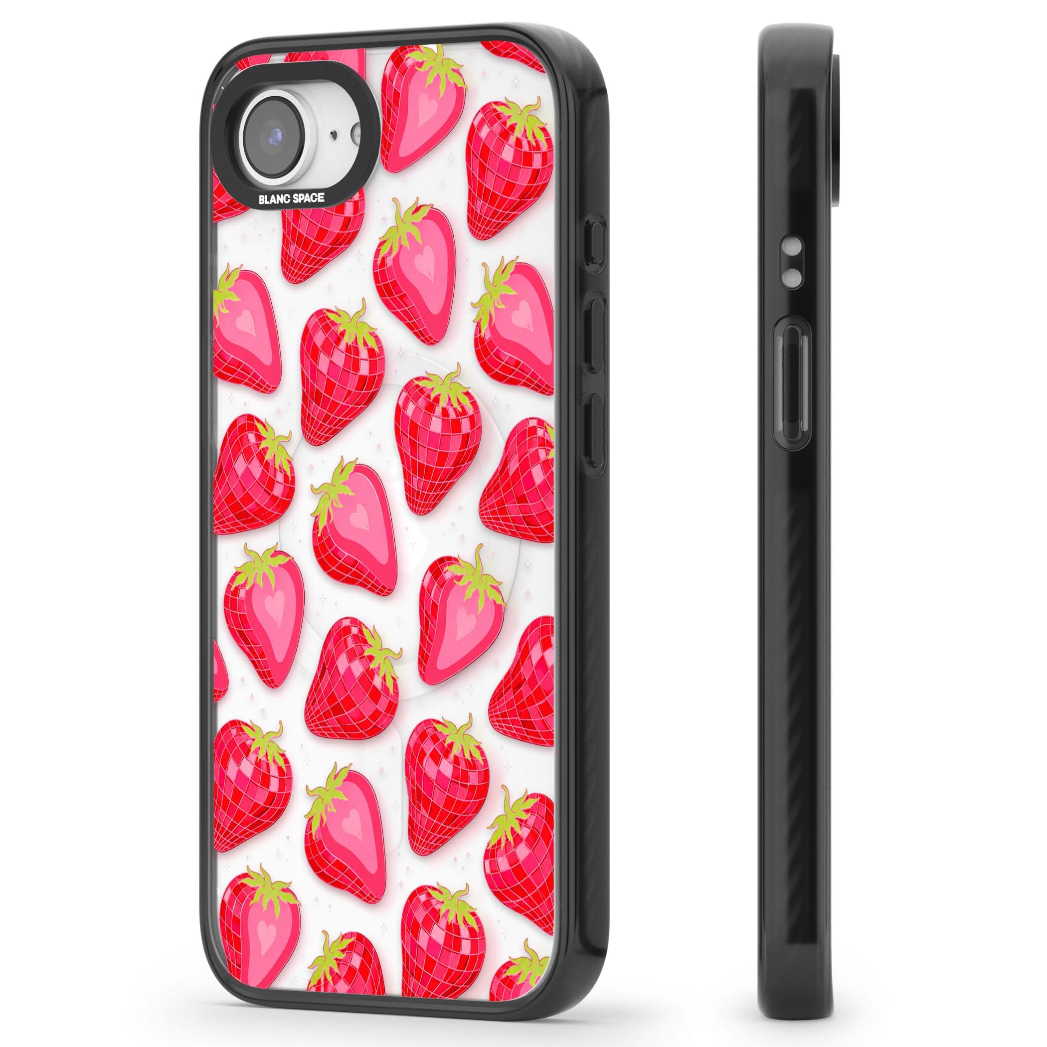 Disco Strawberry Y2K iPhone case featuring pink disco-ball strawberries, green leaves and tiny sparkles | Black Impact Magsafe case for iPhone 16e, iPhone 17e