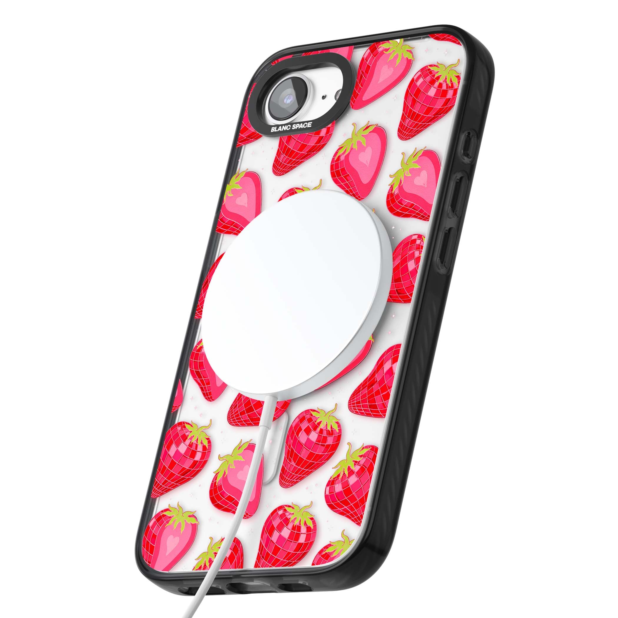 Disco Strawberry Y2K iPhone case featuring pink disco-ball strawberries, green leaves and tiny sparkles | Black Impact Magsafe case for iPhone 16e, iPhone 17e