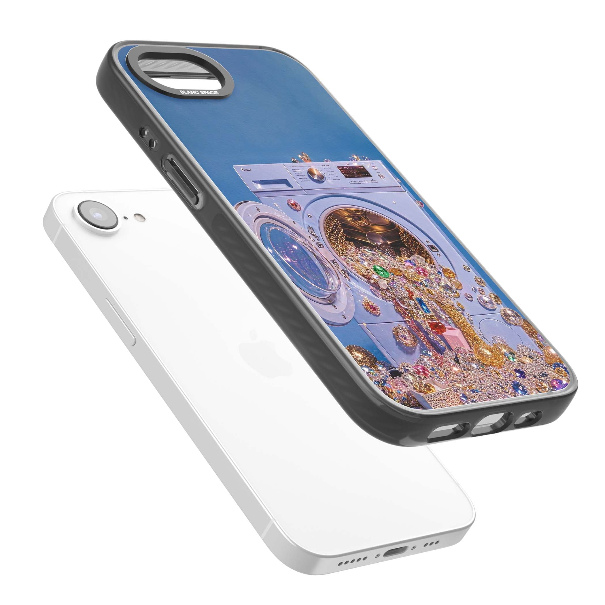 Gem Laundry baddie iPhone case featuring a surreal washing machine overflowing with colourful gemstones and crystals | Black Impact Magsafe case for iPhone 16e, iPhone 17e