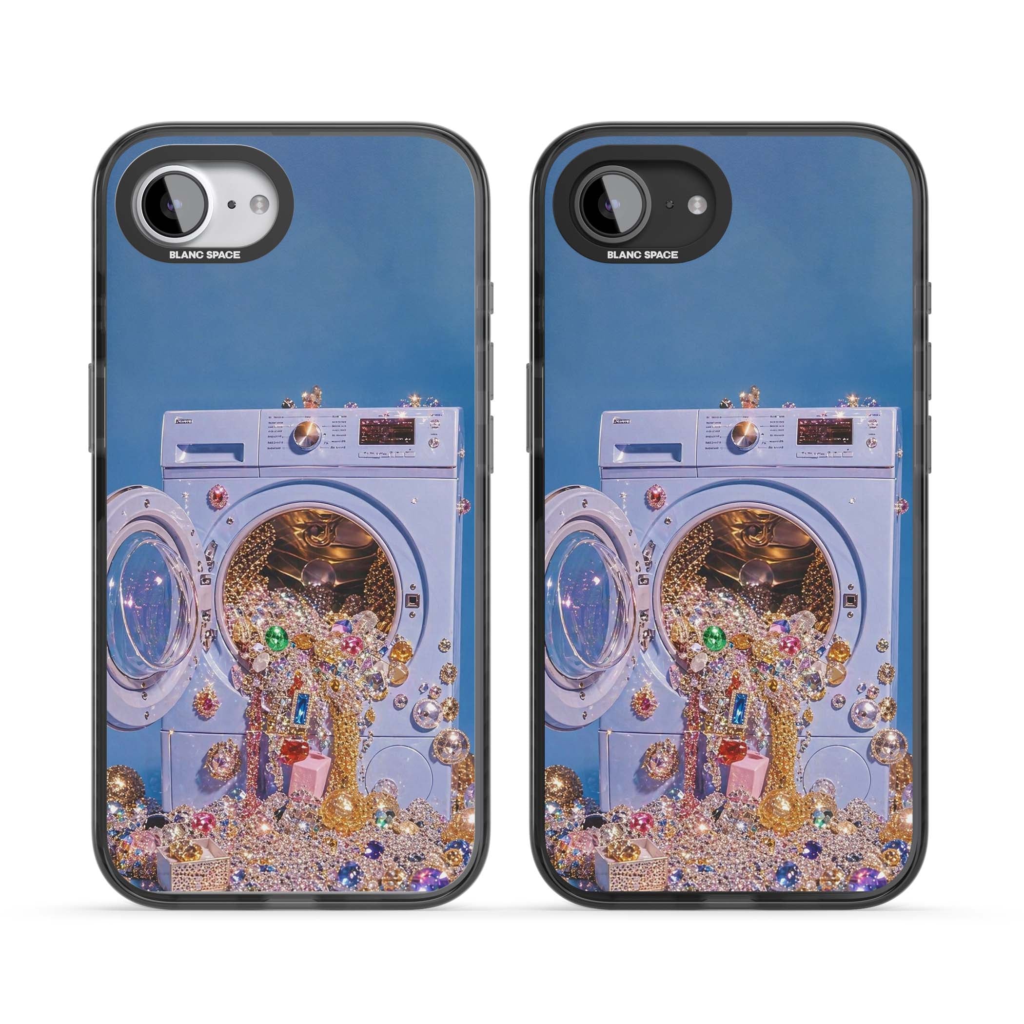 Gem Laundry baddie iPhone case featuring a surreal washing machine overflowing with colourful gemstones and crystals | Black Impact Magsafe case for iPhone 16e, iPhone 17e