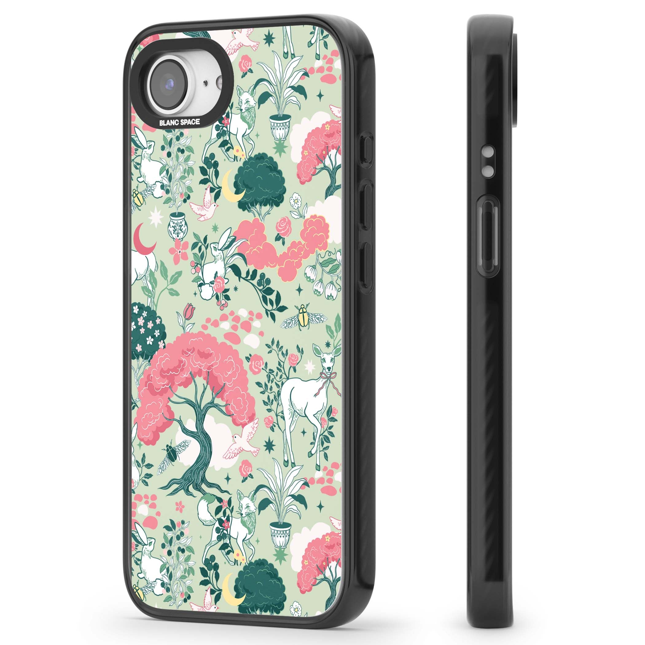 Enchanted Woodland cottagecore iPhone case featuring white deer, pink roses, mushrooms and woodland animals on sage green | Black Impact Magsafe case for iPhone 16e, iPhone 17e