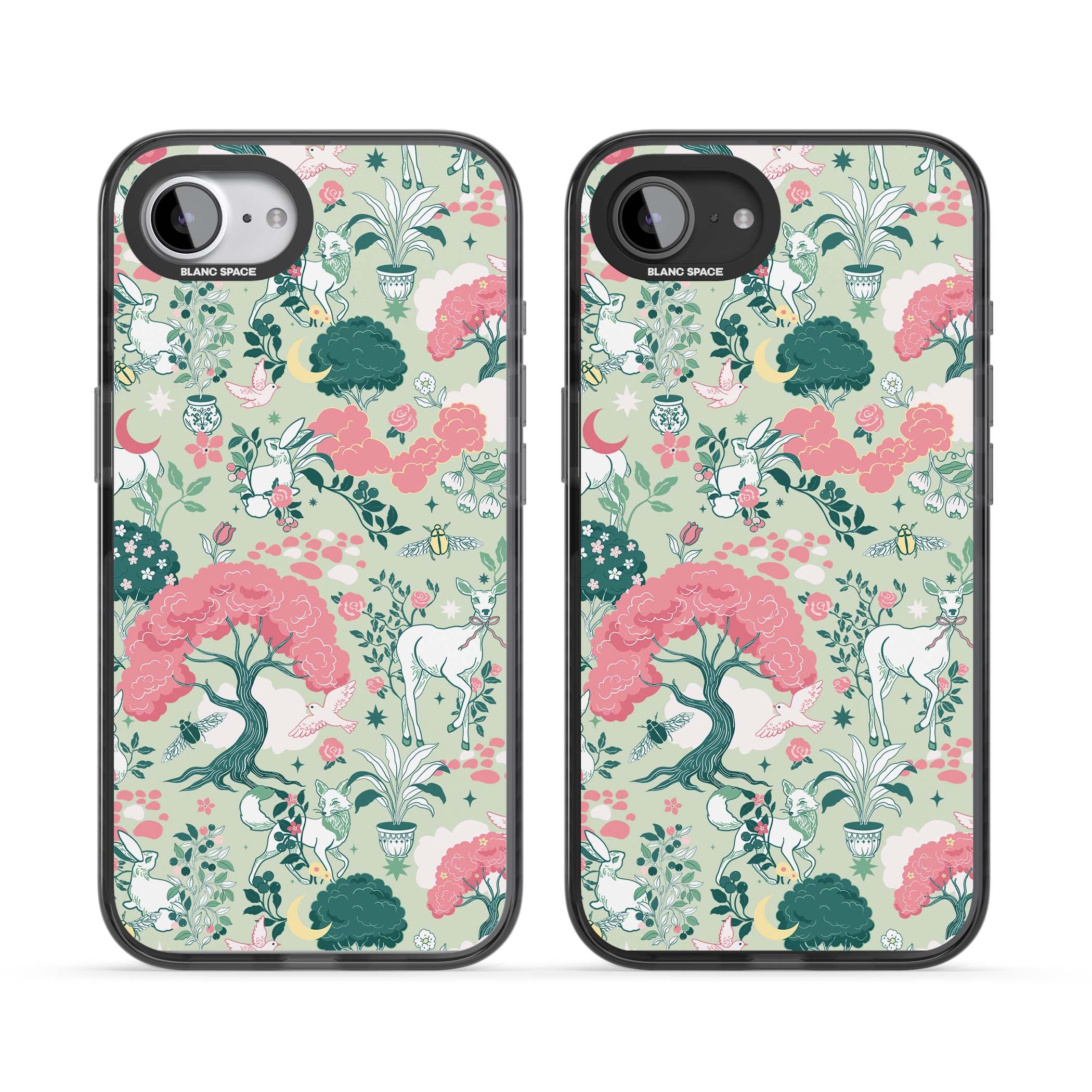 Enchanted Woodland cottagecore iPhone case featuring white deer, pink roses, mushrooms and woodland animals on sage green | Black Impact Magsafe case for iPhone 16e, iPhone 17e