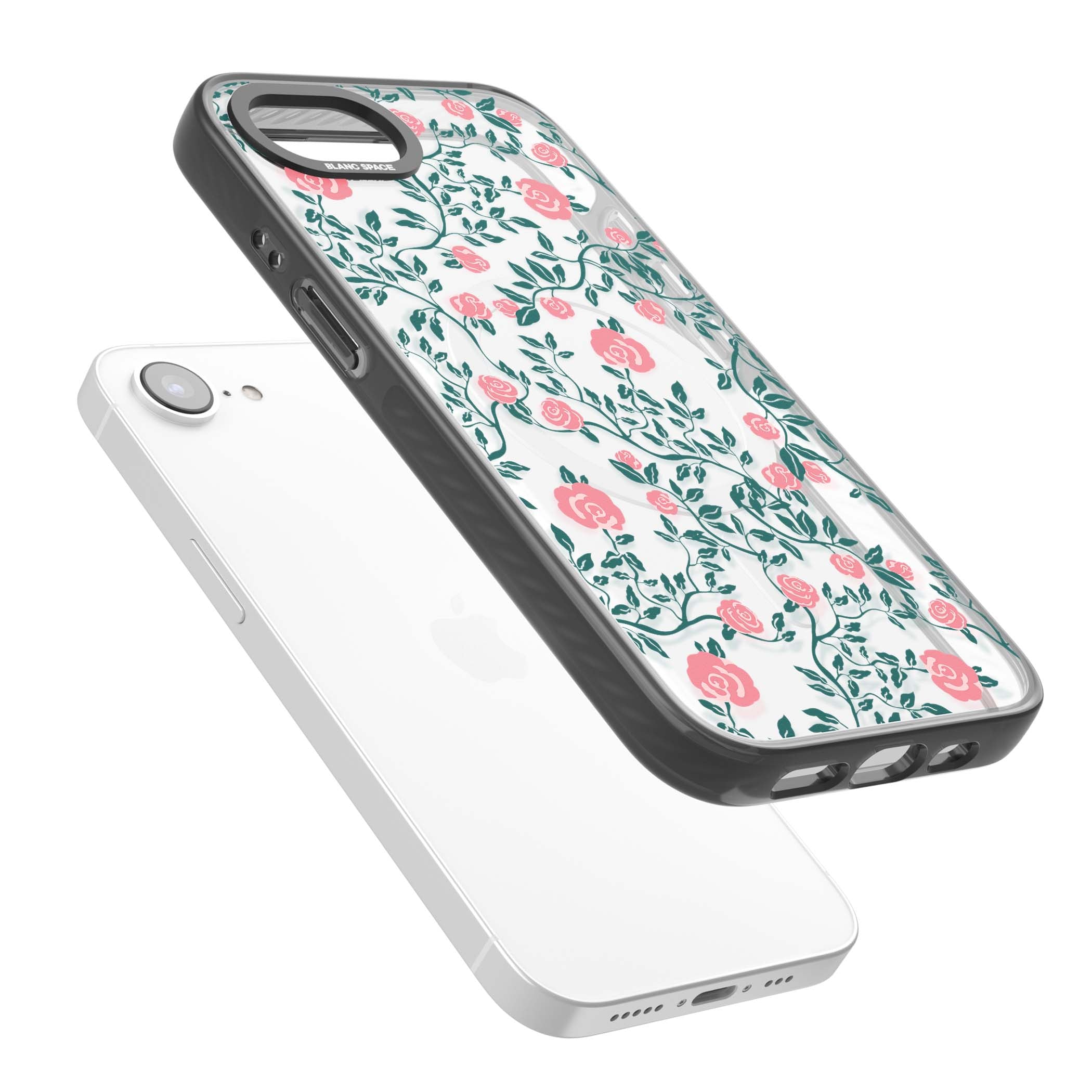 Rose Trellis (Clear) cottagecore iPhone case featuring pink climbing roses and green leaves on clear background | Black Impact Magsafe case for iPhone 16e, iPhone 17e