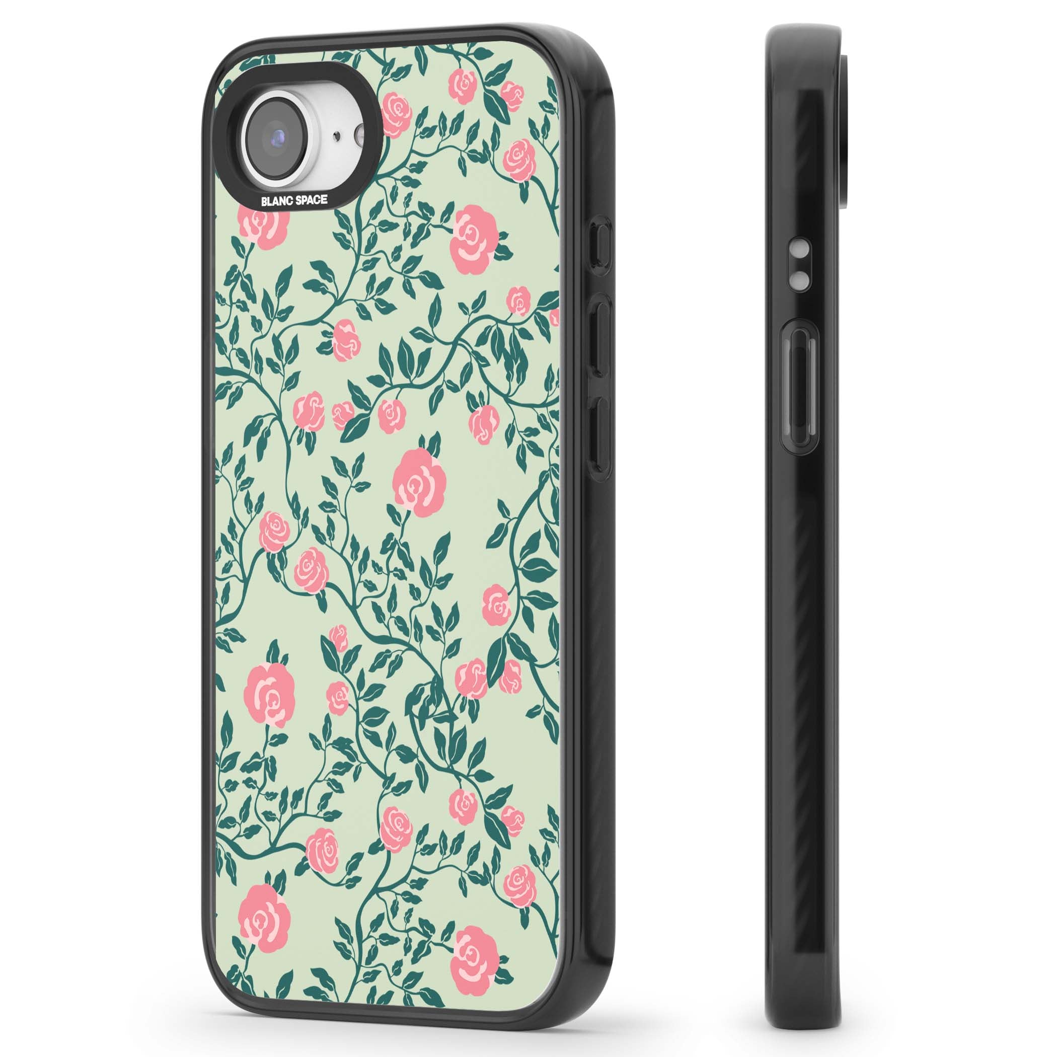 Rose Trellis cottagecore iPhone case featuring pink roses, sage green vines, and mint background | Black Impact Magsafe case for iPhone 16e, iPhone 17e