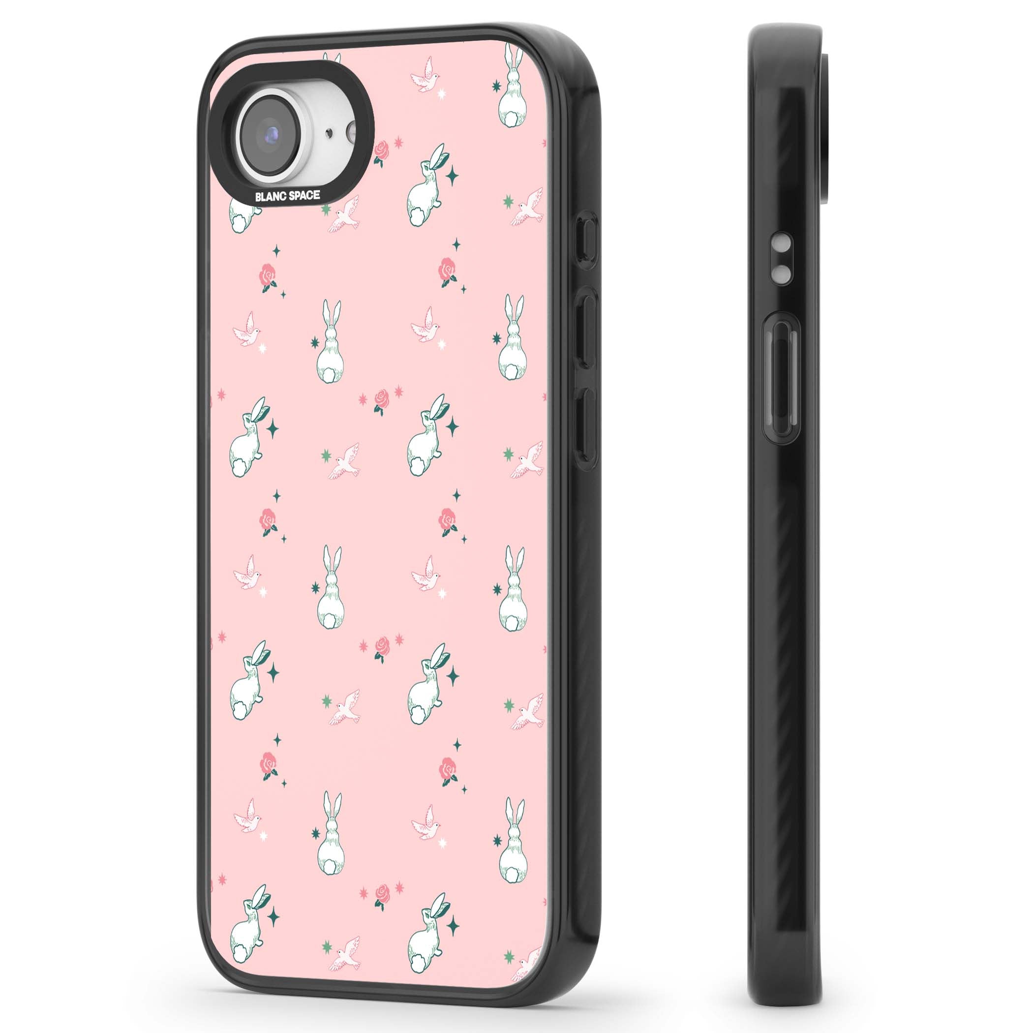Bunny Garden kawaii iPhone case featuring white rabbits, pink roses, doves and stars on pink background | Black Impact Magsafe case for iPhone 16e, iPhone 17e