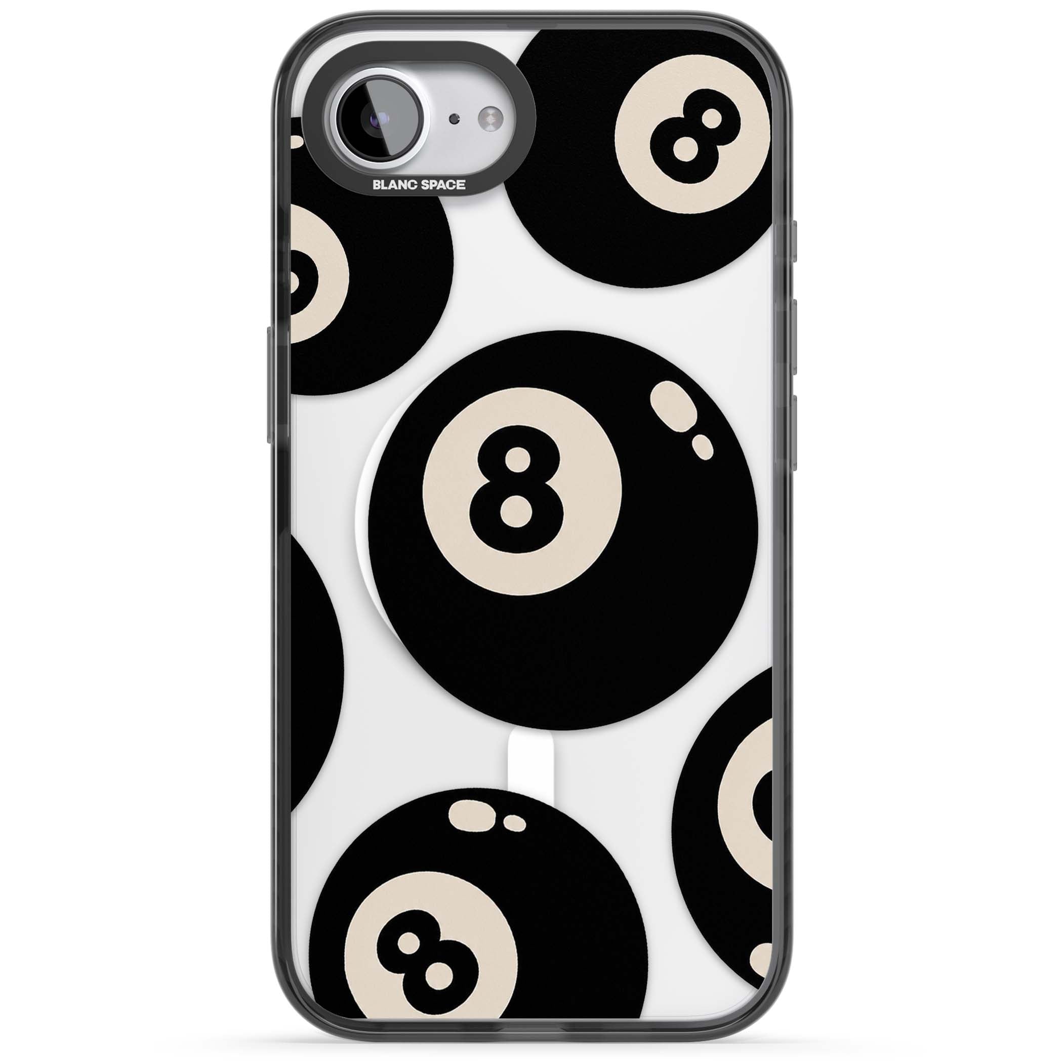 Eights y2k iPhone case featuring scattered black 8 balls with cream highlights on a clear background | Black Impact Magsafe case for iPhone 16e, iPhone 17e