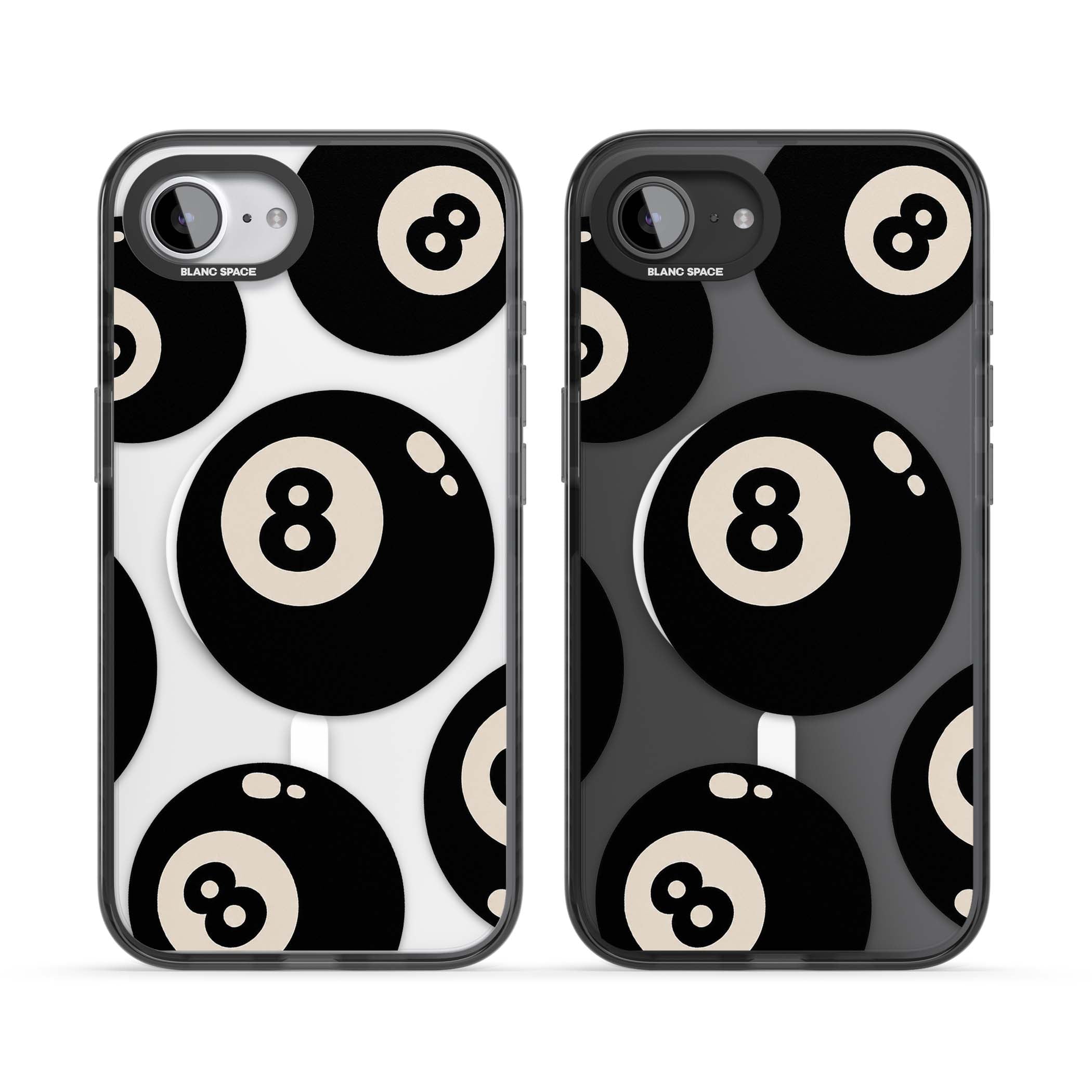 Eights y2k iPhone case featuring scattered black 8 balls with cream highlights on a clear background | Black Impact Magsafe case for iPhone 16e, iPhone 17e