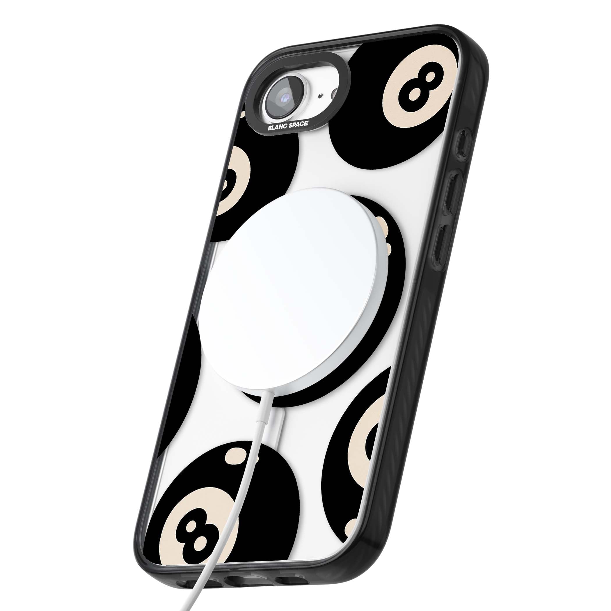 Eights y2k iPhone case featuring scattered black 8 balls with cream highlights on a clear background | Black Impact Magsafe case for iPhone 16e, iPhone 17e