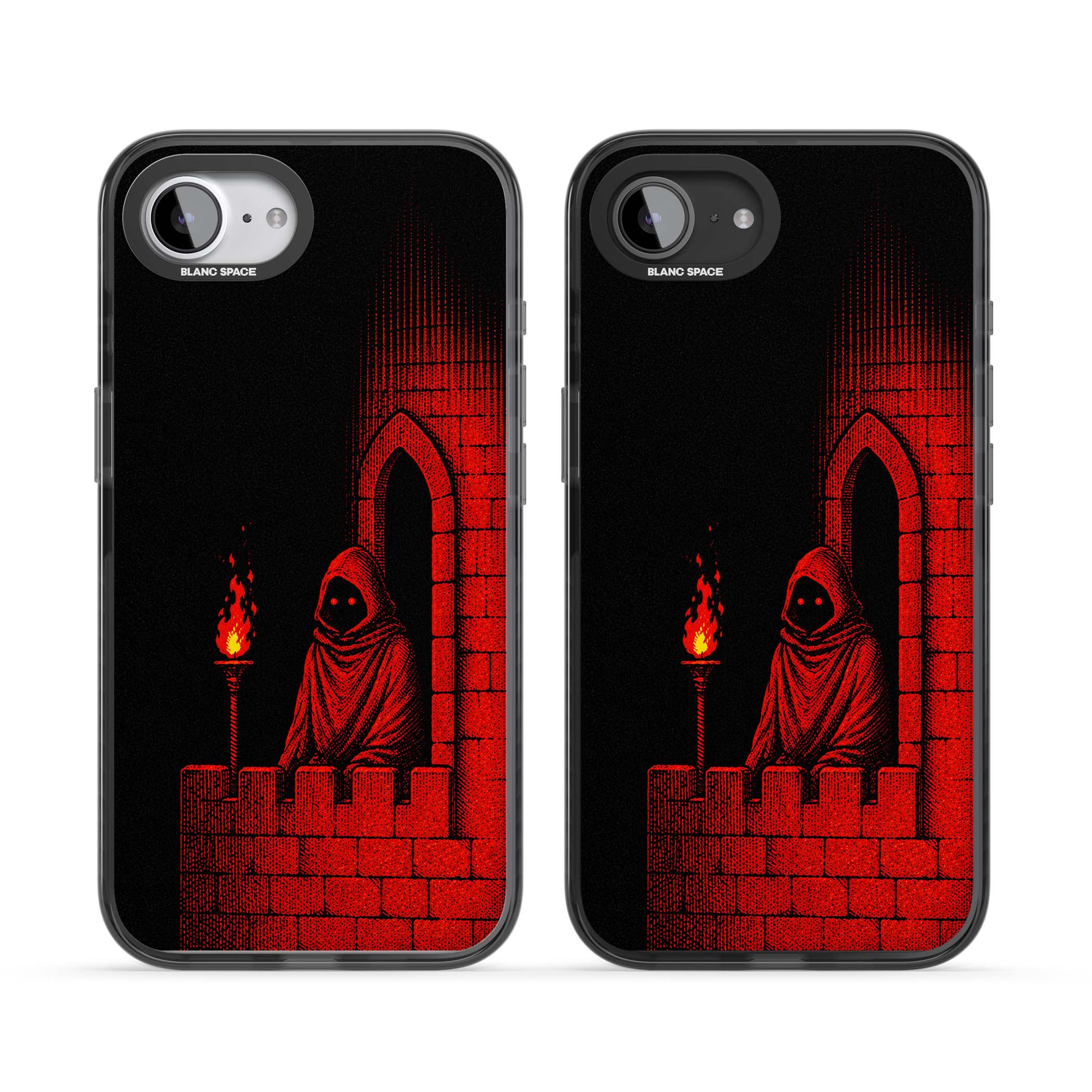 Crimson Crypt gothic iPhone case featuring a hooded reaper, torchlit crypt archway and red halftone horror art | Black Impact Magsafe case for iPhone 16e, iPhone 17e