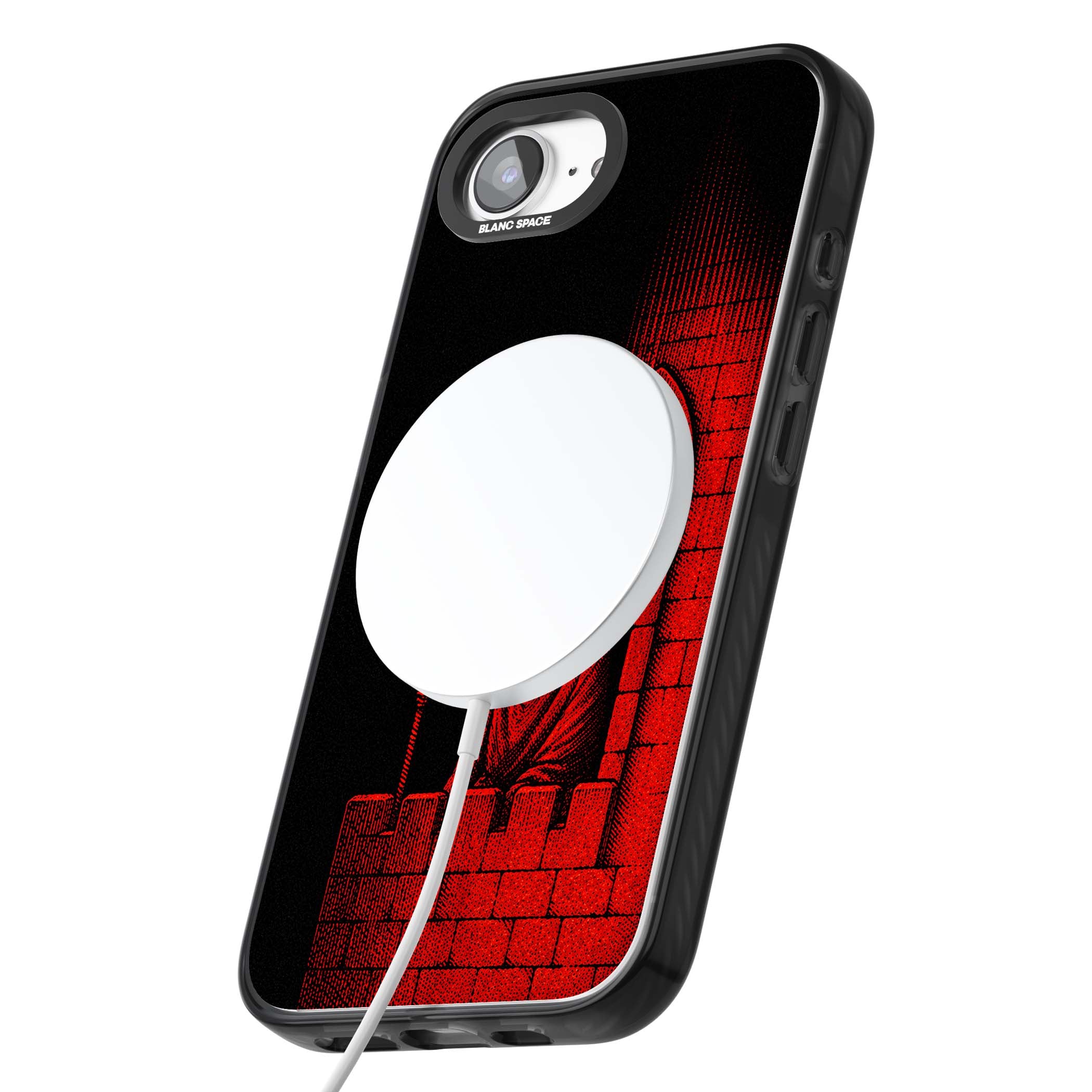 Crimson Crypt gothic iPhone case featuring a hooded reaper, torchlit crypt archway and red halftone horror art | Black Impact Magsafe case for iPhone 16e, iPhone 17e
