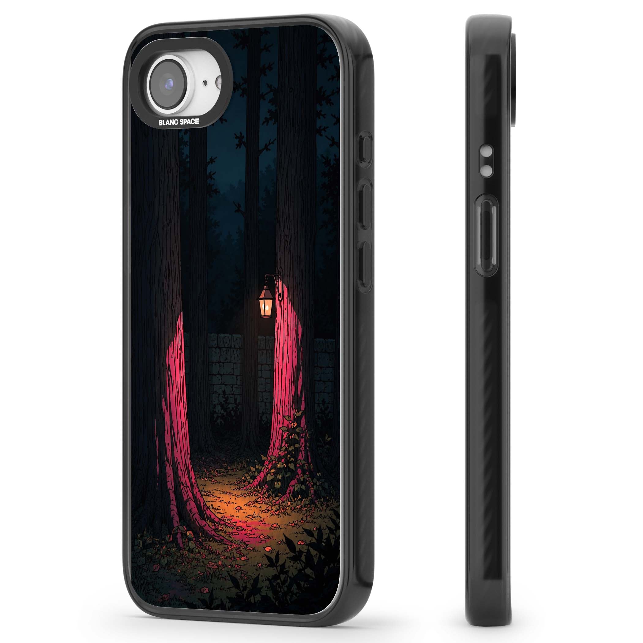 Forest Lantern dark academia iPhone case featuring a moonlit forest, glowing lantern, and stone wall pathway | Black Impact Magsafe case for iPhone 16e, iPhone 17e