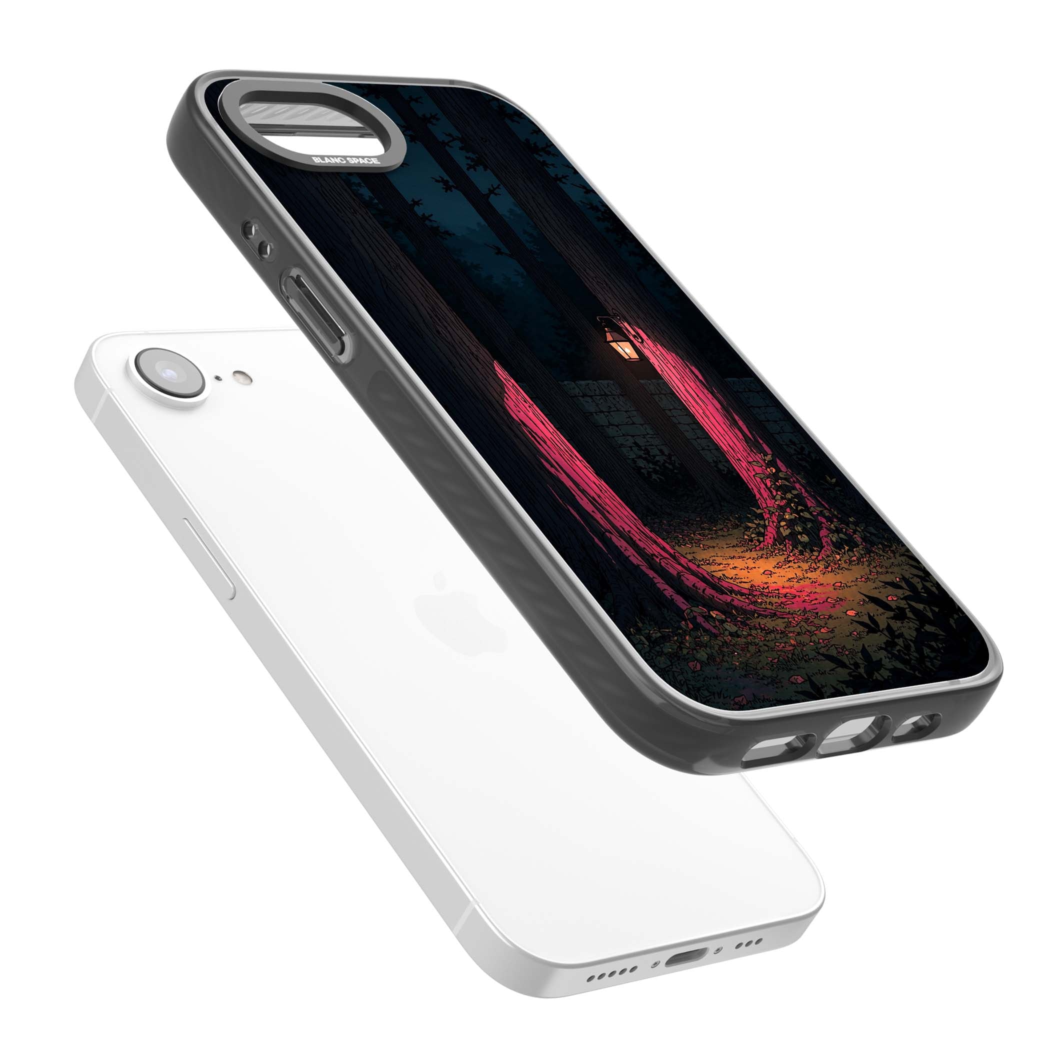 Forest Lantern dark academia iPhone case featuring a moonlit forest, glowing lantern, and stone wall pathway | Black Impact Magsafe case for iPhone 16e, iPhone 17e