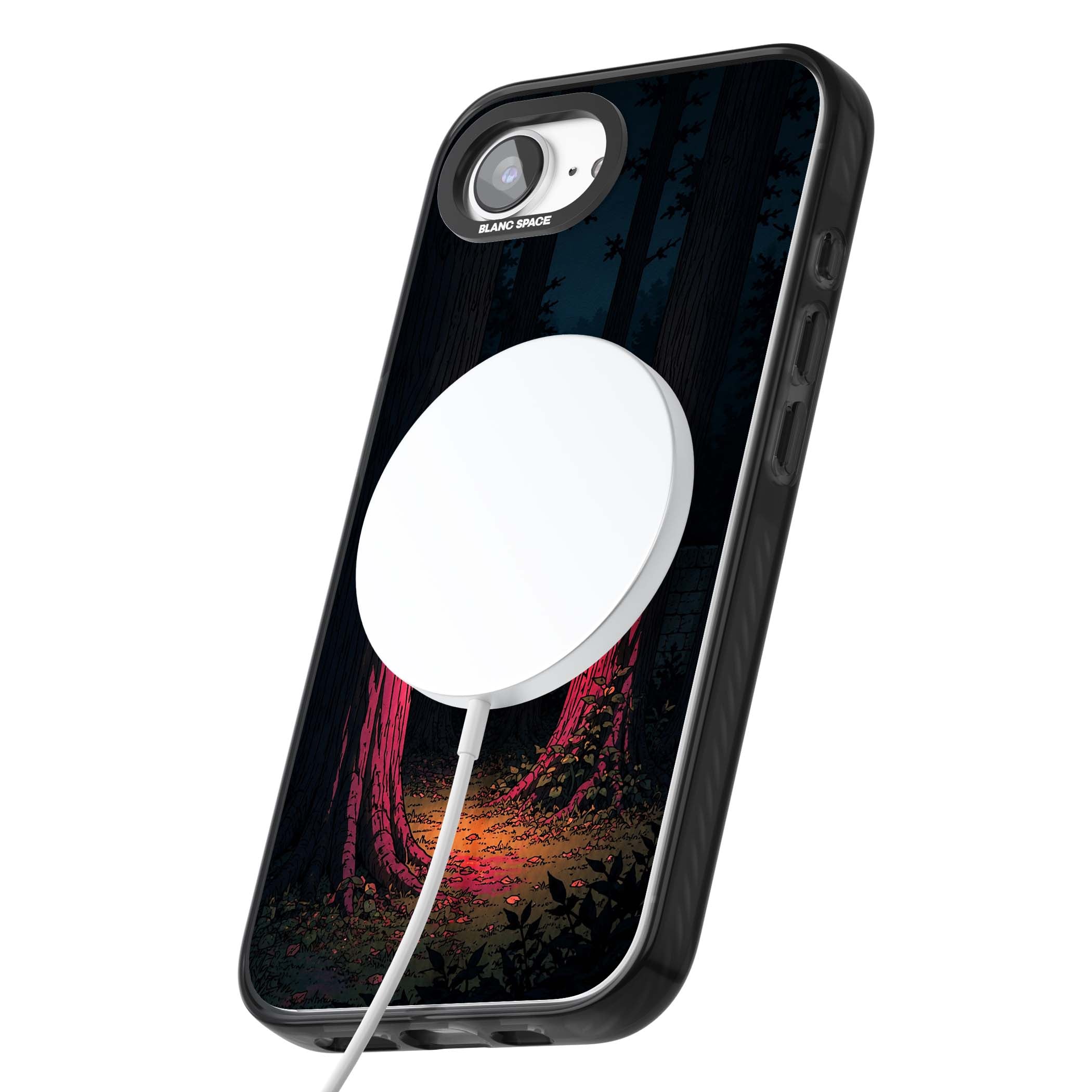 Forest Lantern dark academia iPhone case featuring a moonlit forest, glowing lantern, and stone wall pathway | Black Impact Magsafe case for iPhone 16e, iPhone 17e