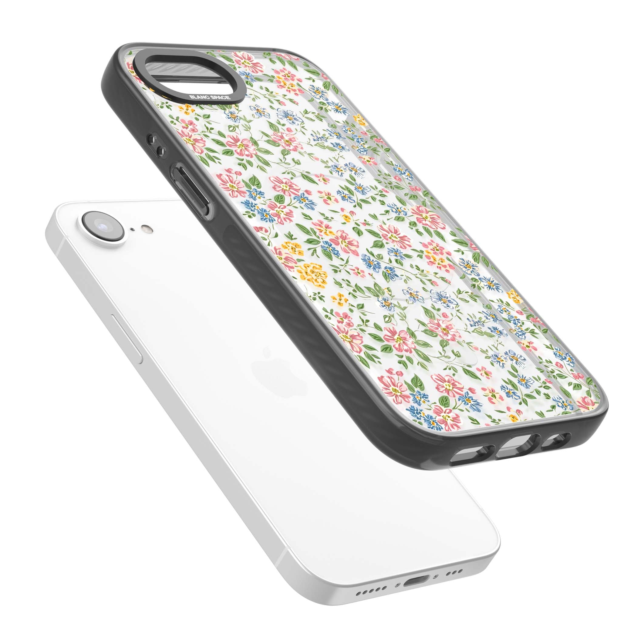 Soft Meadow cottagecore iPhone case featuring pink cosmos, blue forget-me-nots, yellow buttercups and green leaves sca | Black Impact Magsafe case for iPhone 16e, iPhone 17e