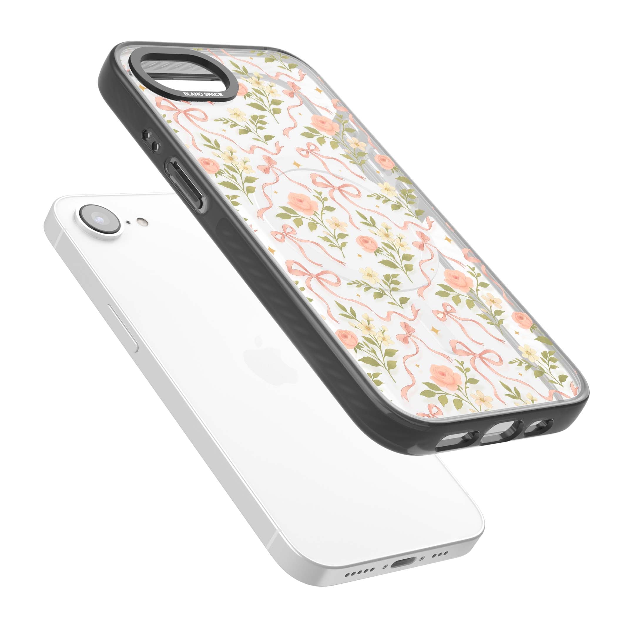 Ribbon Garden coquette iPhone case featuring pink bows, peach roses and wildflowers on white background | Black Impact Magsafe case for iPhone 16e, iPhone 17e