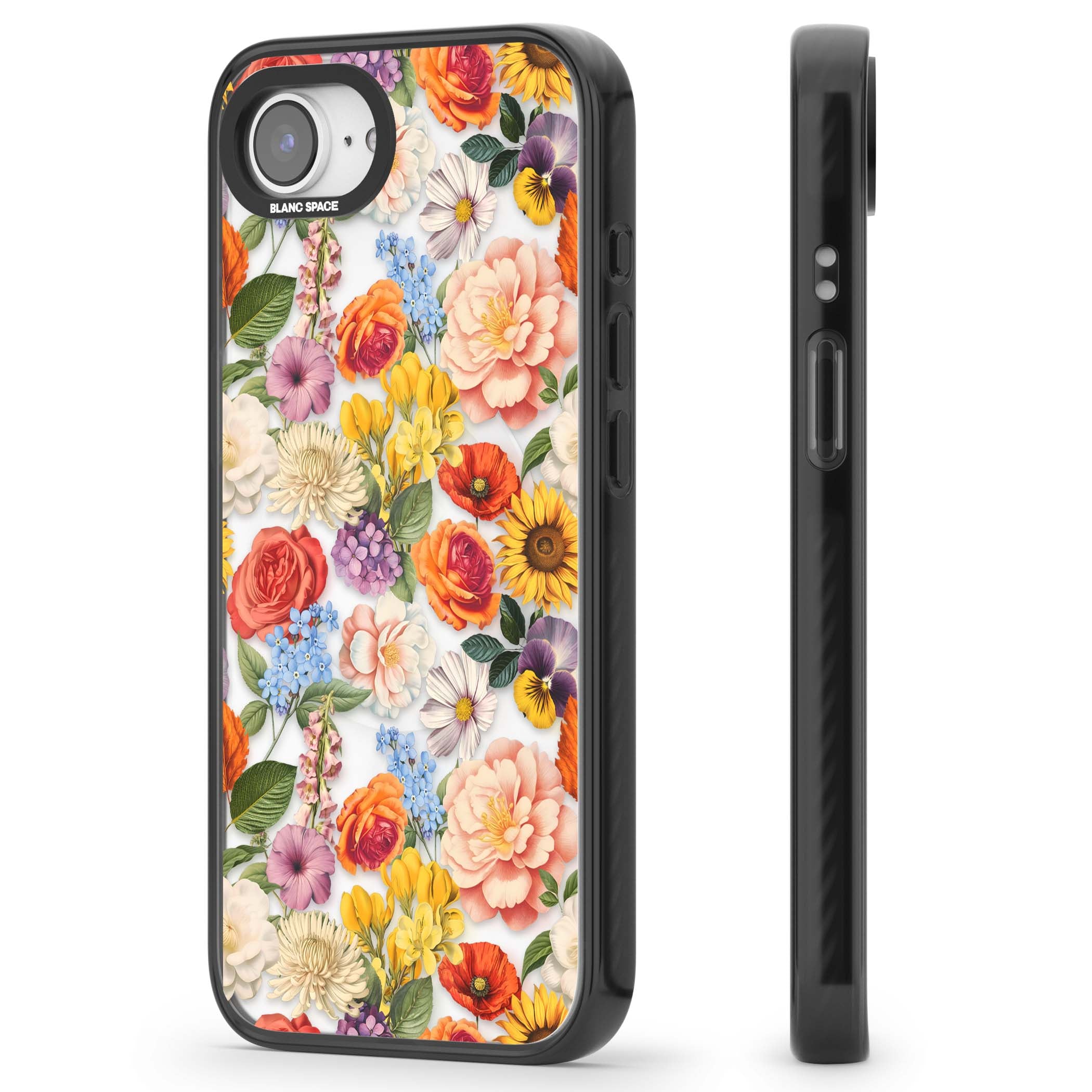 Bloom Basket floral iPhone case featuring cottage garden flowers including peonies, sunflowers, and wildflowers in pastel col | Black Impact Magsafe case for iPhone 16e, iPhone 17e