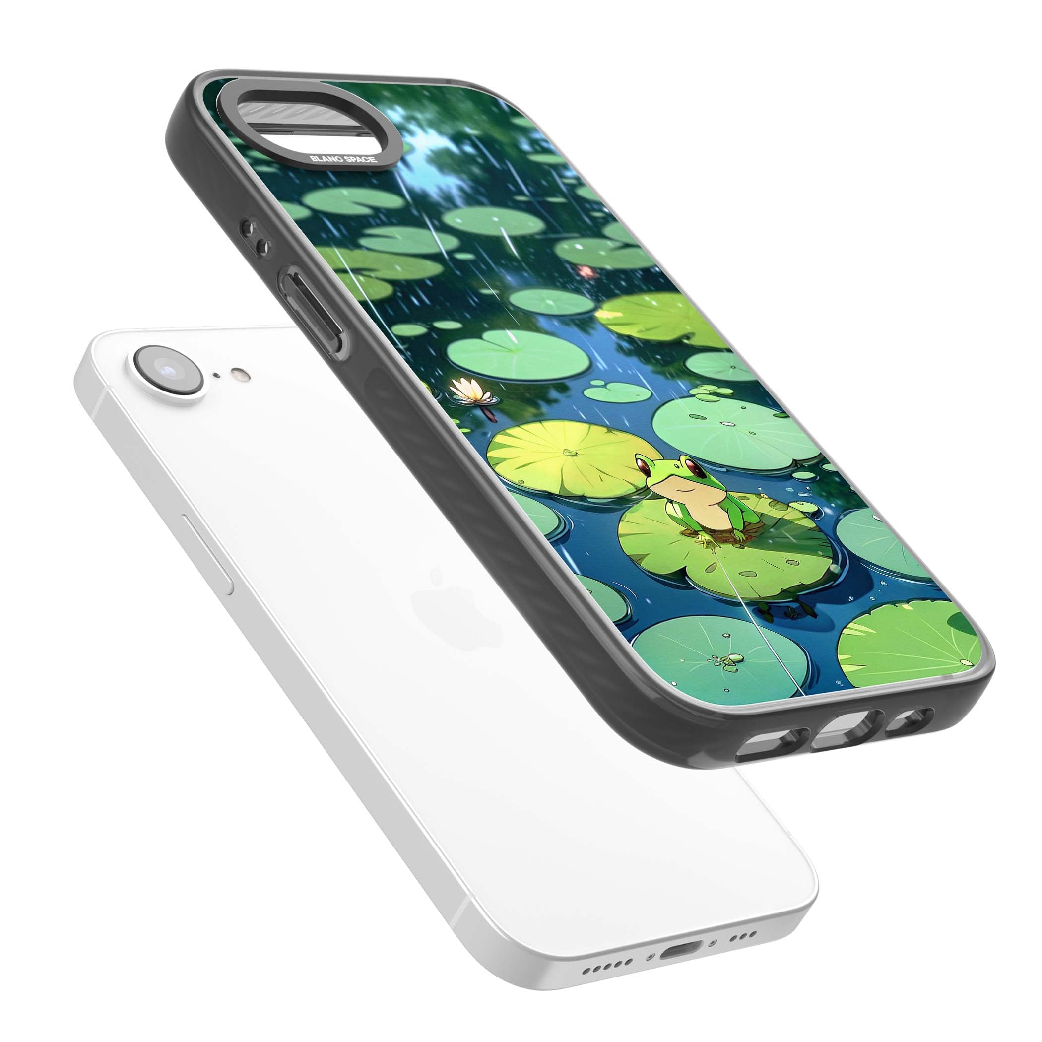 Frog In Lily Pond cottagecore iPhone case featuring a cute green frog on a lily pad with falling rain and a lotus flower | Black Impact Magsafe case for iPhone 16e, iPhone 17e
