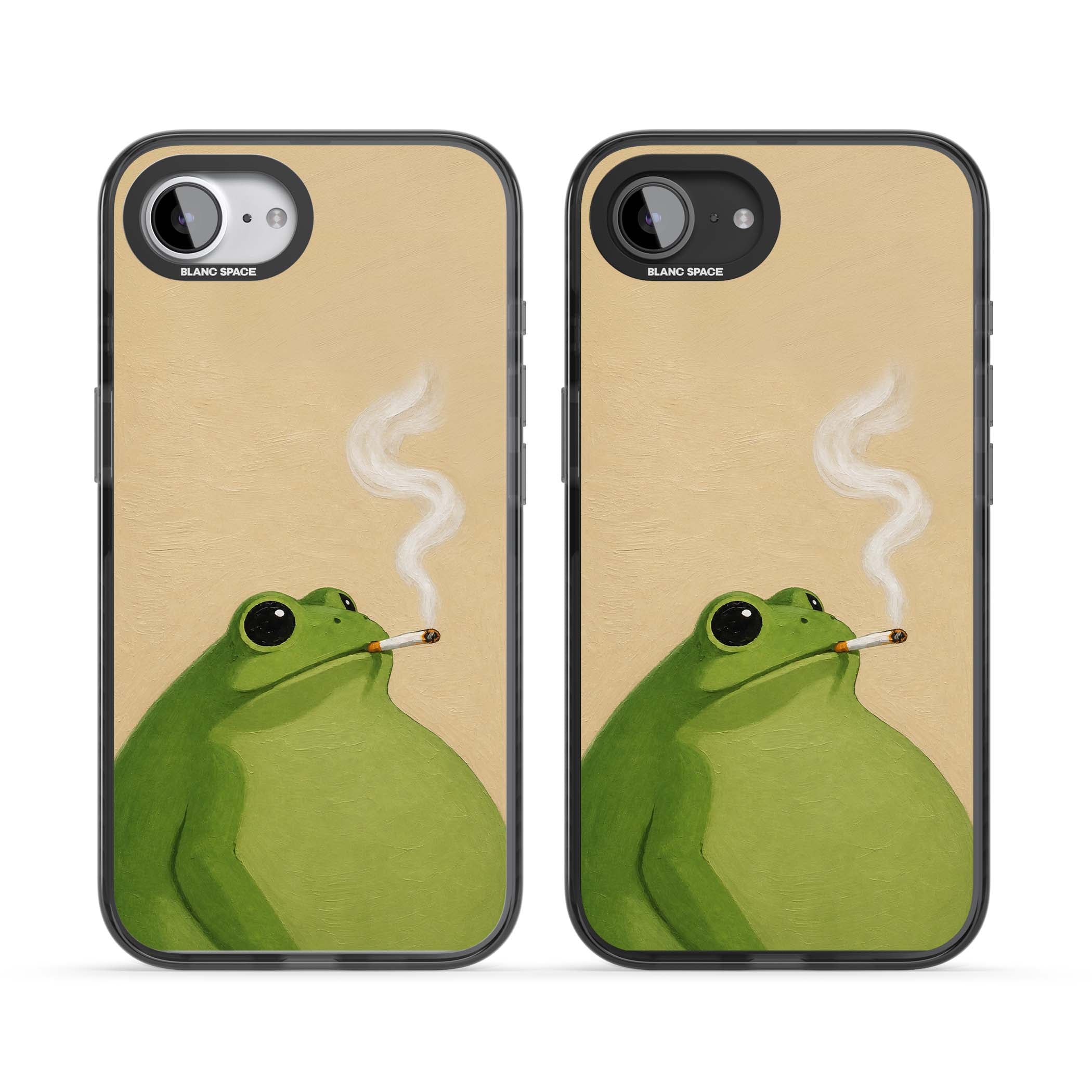 The Smoking Frog cottagecore iPhone case featuring a hand-painted green frog smoking a cigarette on a cream oil painting back | Black Impact Magsafe case for iPhone 16e, iPhone 17e