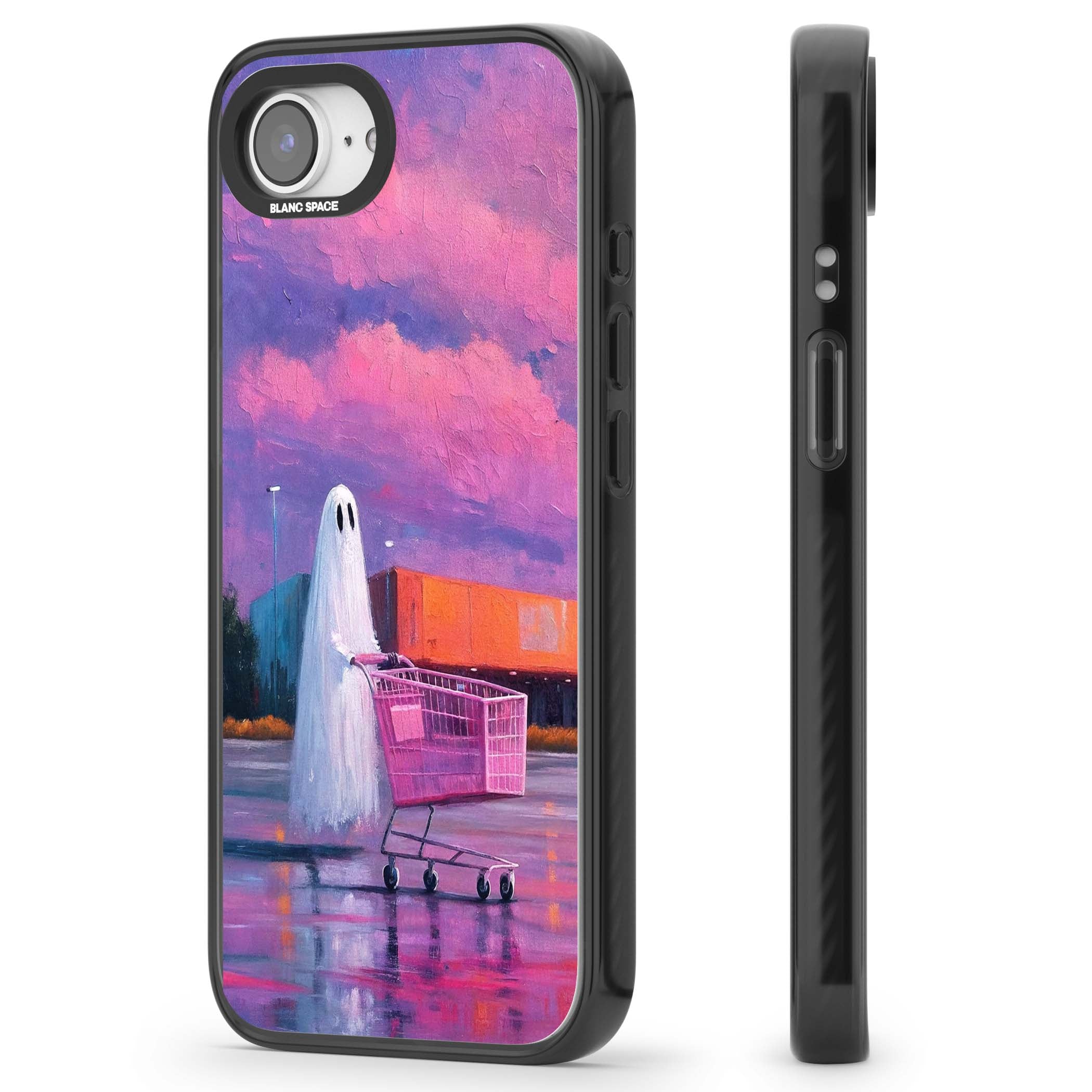 A Ghost's Errand ghost halloween iPhone case featuring a painted ghost, pink shopping trolley and purple sunset sky | Black Impact Magsafe case for iPhone 16e, iPhone 17e