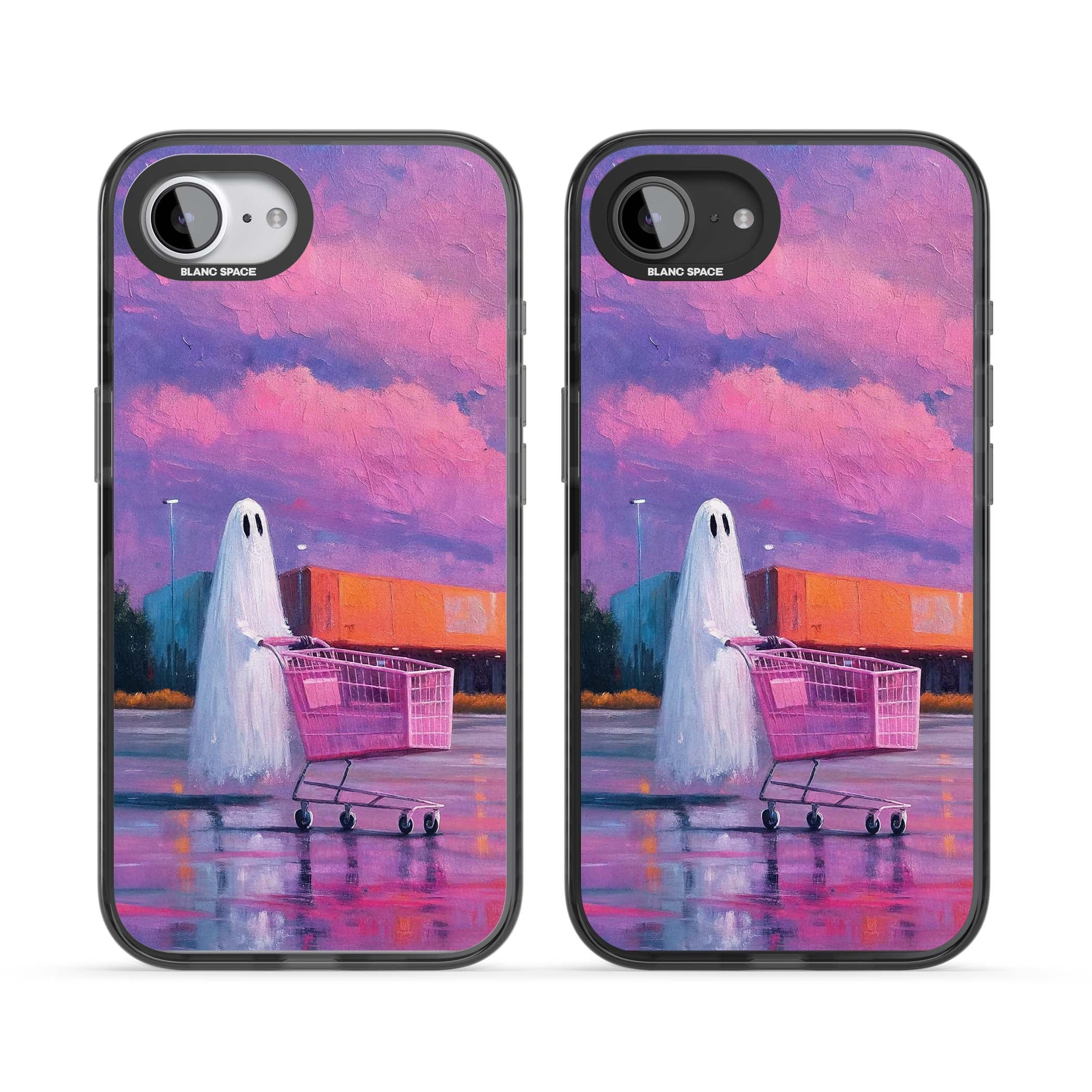A Ghost's Errand ghost halloween iPhone case featuring a painted ghost, pink shopping trolley and purple sunset sky | Black Impact Magsafe case for iPhone 16e, iPhone 17e