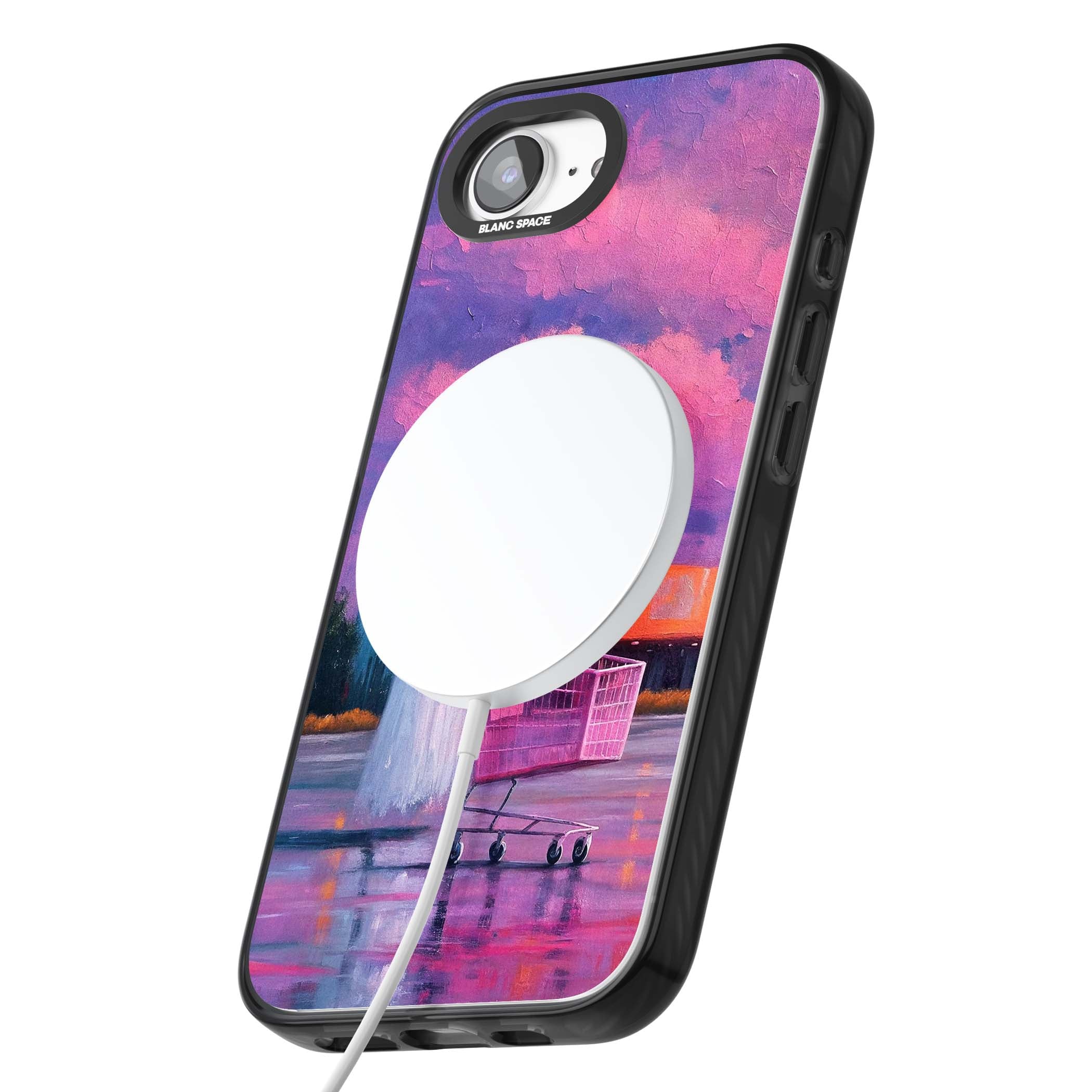 A Ghost's Errand ghost halloween iPhone case featuring a painted ghost, pink shopping trolley and purple sunset sky | Black Impact Magsafe case for iPhone 16e, iPhone 17e