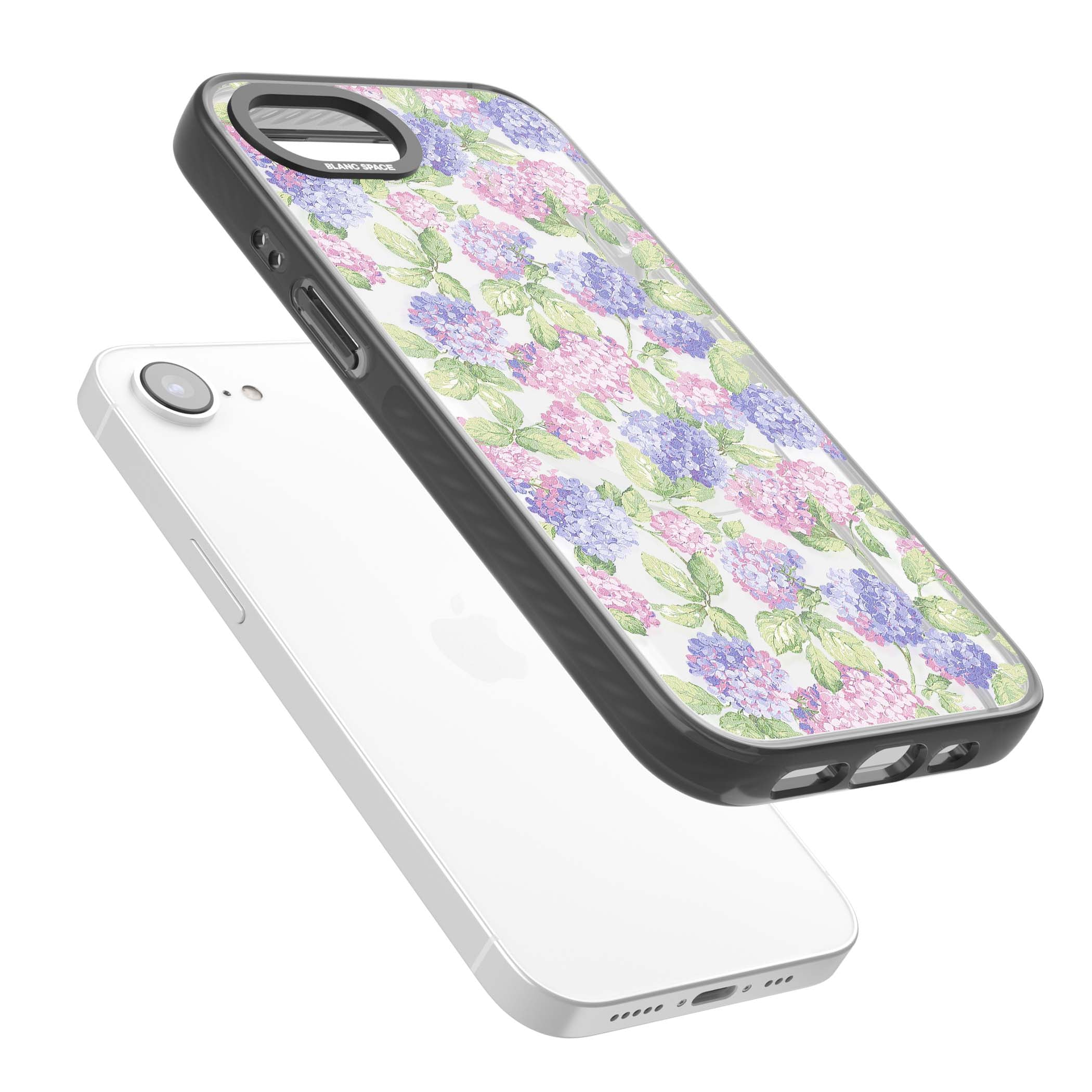 Cottage Hydrangea cottagecore iPhone case featuring pink and purple hydrangea blooms with green leaves on a clear background | Black Impact Magsafe case for iPhone 16e, iPhone 17e
