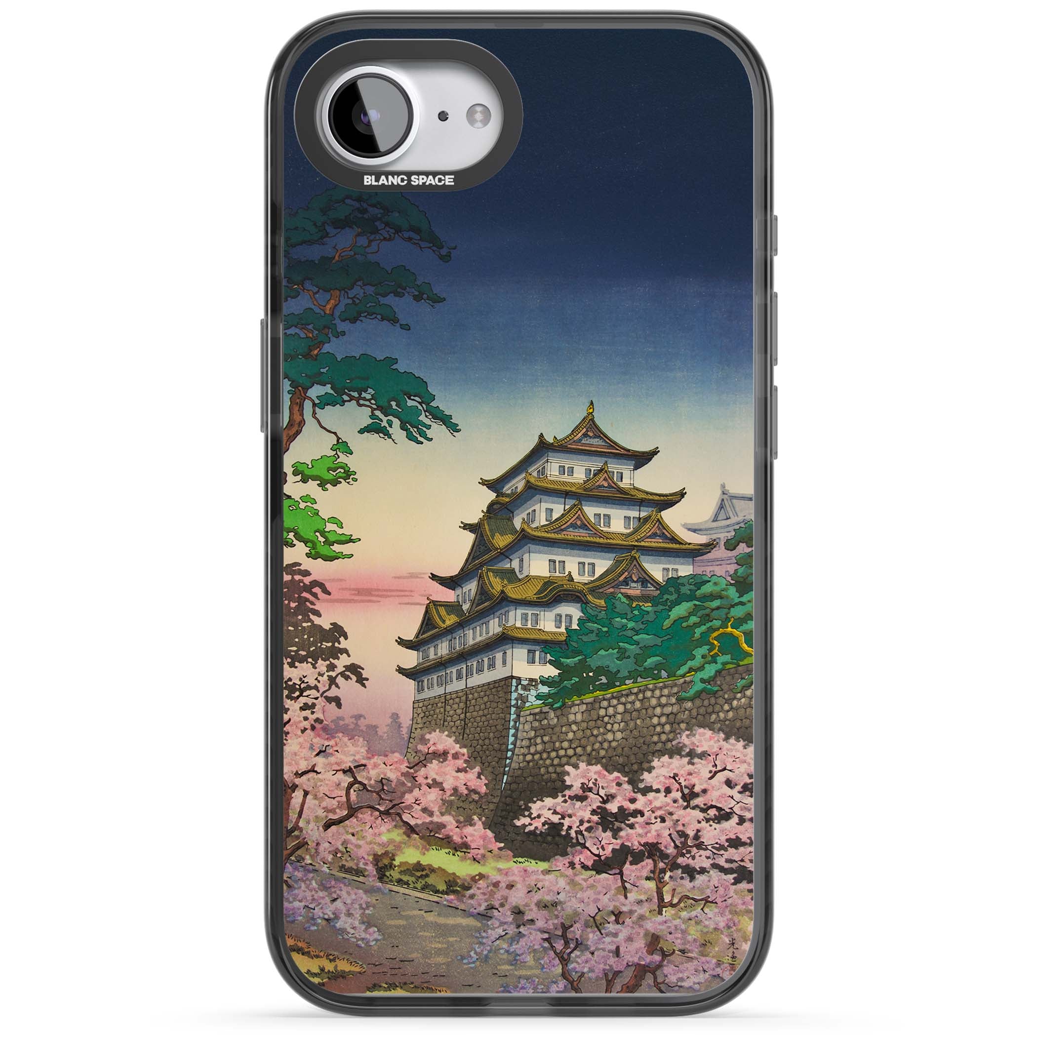 Nagoya Castle Japanese iPhone case featuring a vintage pagoda, twilight sky and cherry blossom trees | Black Impact Magsafe case for iPhone 16e, iPhone 17e